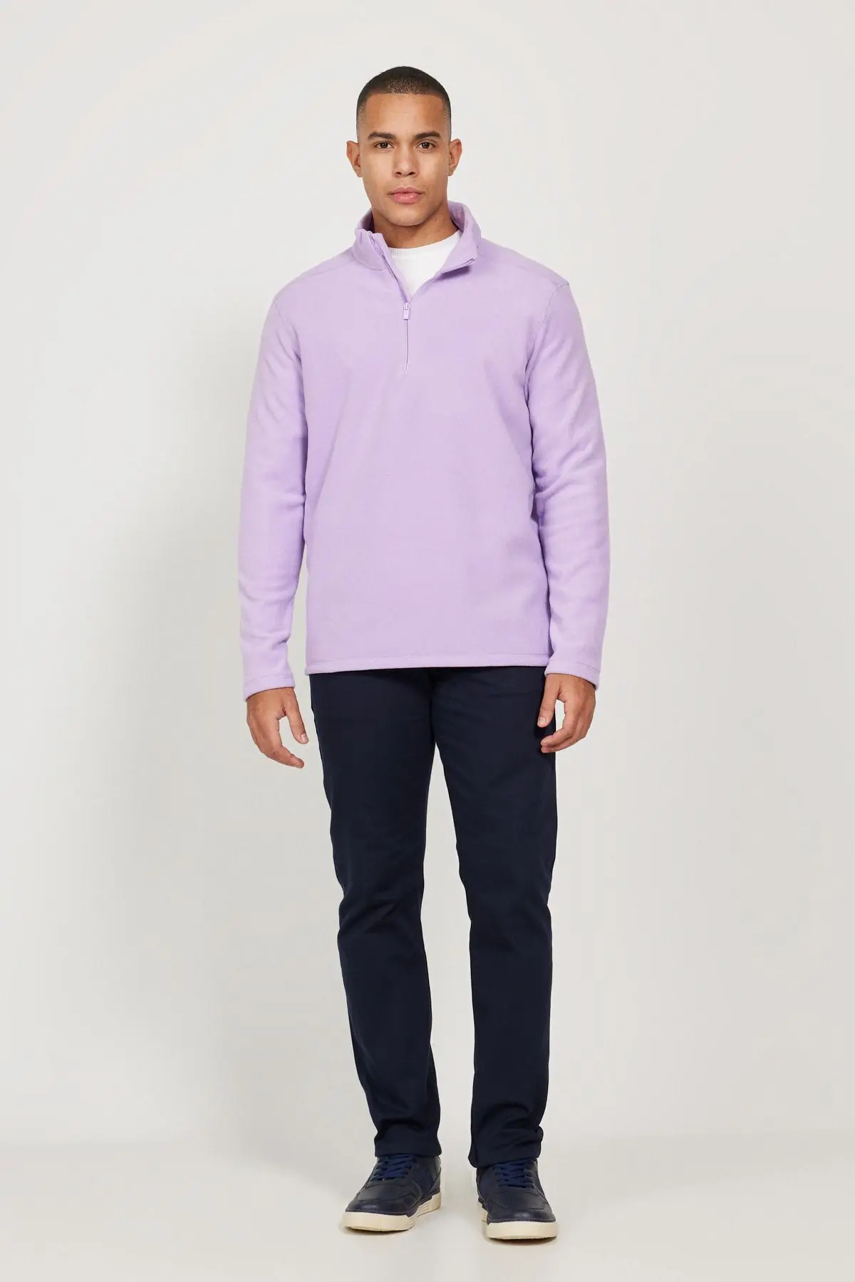Erkek Lila Anti-Pilling Tüylenme Yapmayan Standart Fit Dik Yaka Polar Sweatshirt