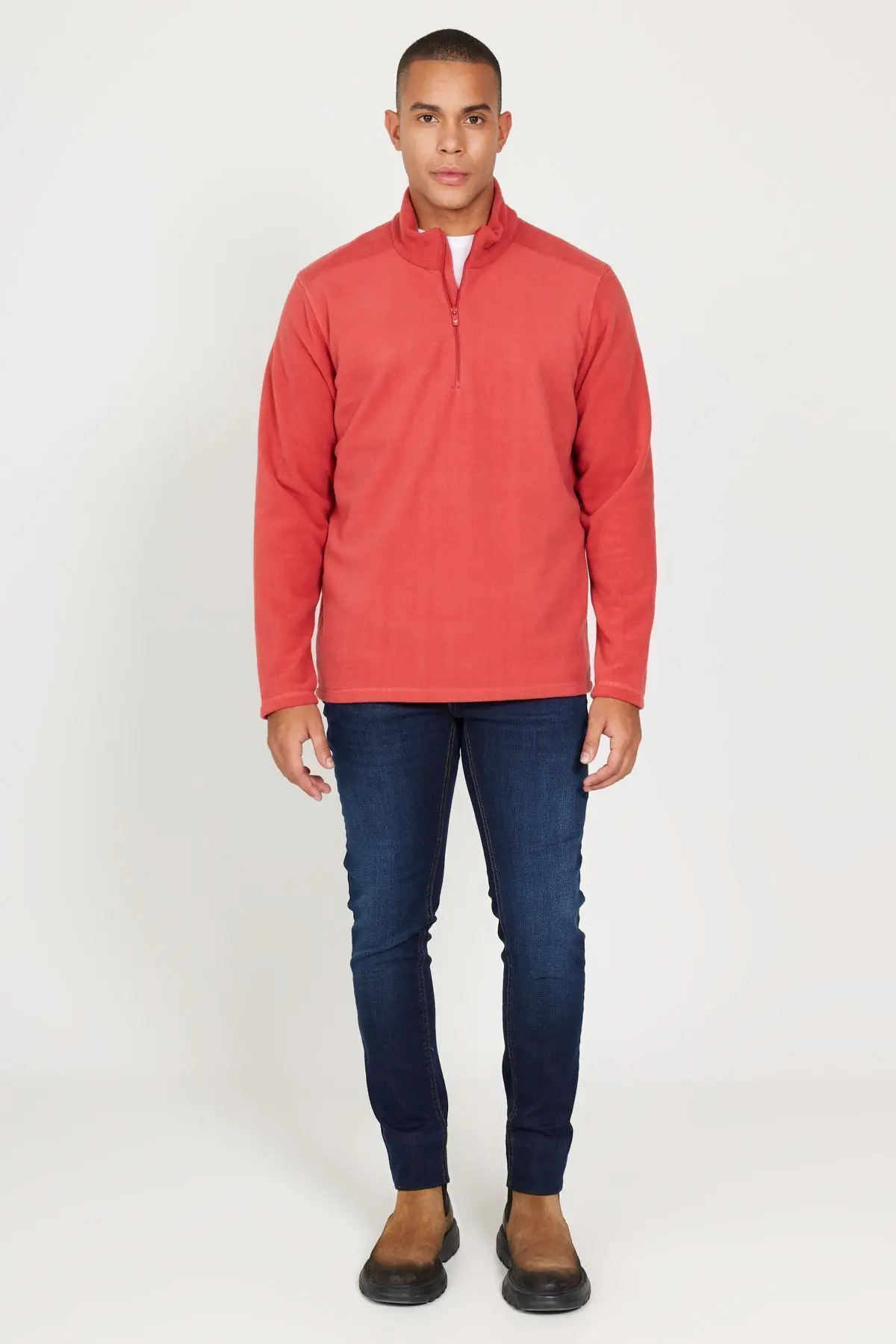Erkek Mercan Anti-Pilling Tüylenme Yapmayan Standart Fit Dik Yaka Polar Sweatshirt