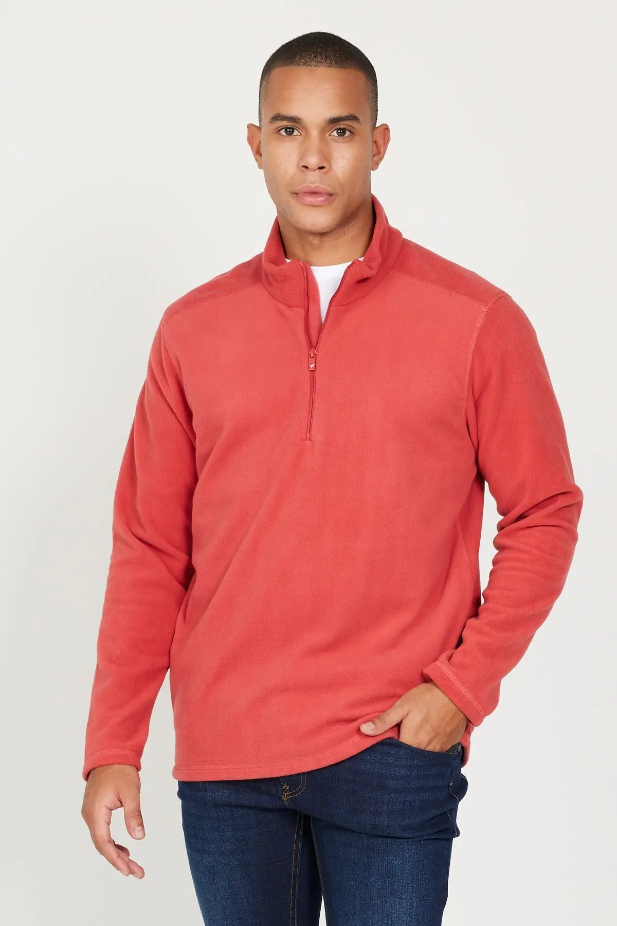 Erkek Mercan Anti-Pilling Tüylenme Yapmayan Standart Fit Dik Yaka Polar Sweatshirt