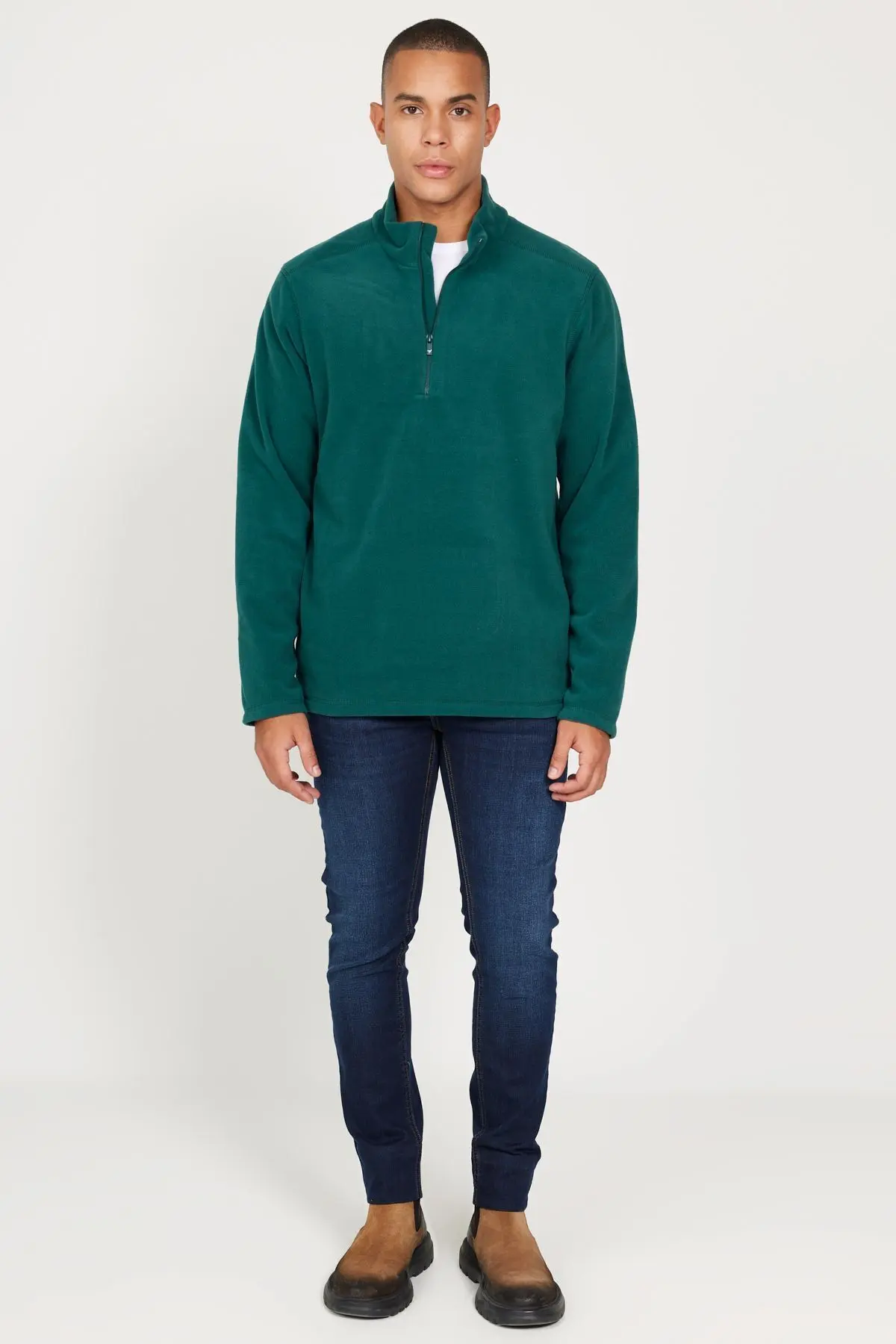 Erkek Yeşil Anti-pilling Tüylenme Yapmayan Standart Fit Dik Yaka Soğuk Geçirmez Polar Sweatshirt