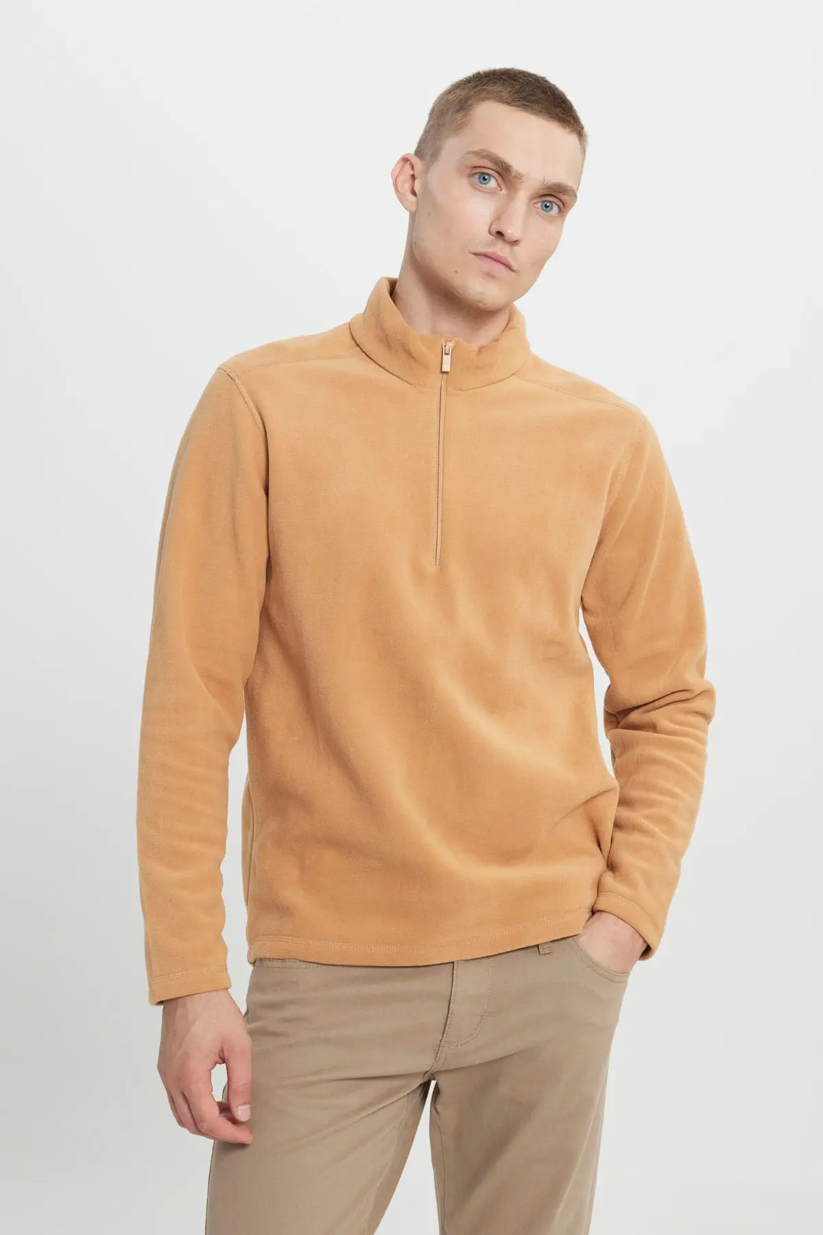 Erkek Karamel Anti-pilling Tüylenme Yapmayan Standart Fit Dik Yaka Soğuk Geçirmez Polar Sweatshirt