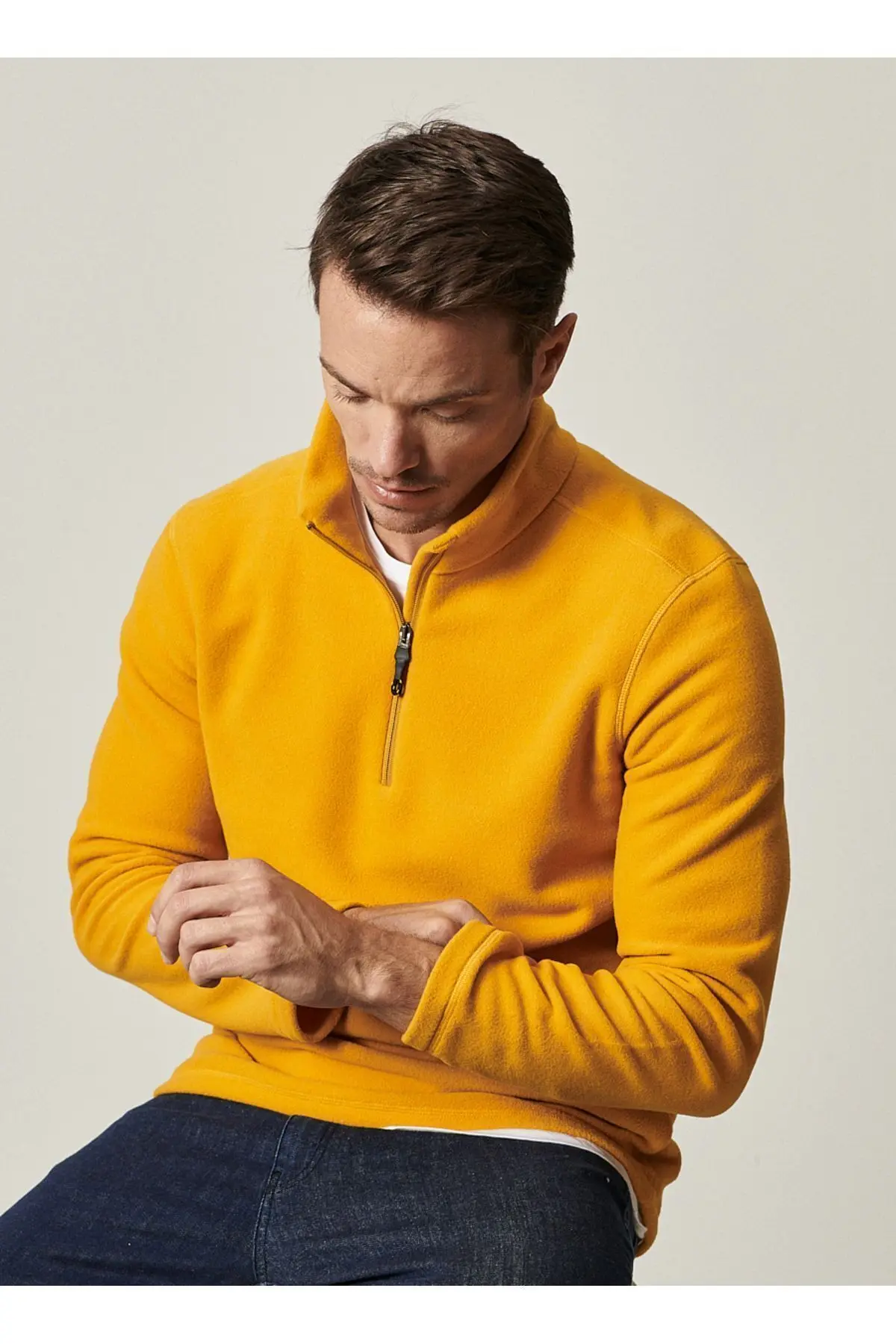 Erkek Sarı Anti-pilling Tüylenme Yapmayan Standart Fit Dik Yaka Soğuk Geçirmez Polar Sweatshirt