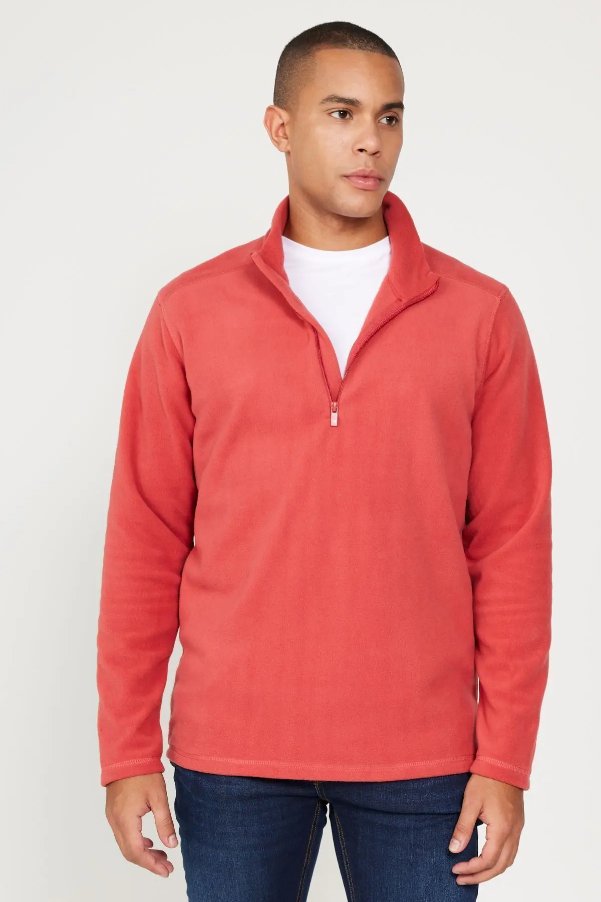 Erkek Mercan Anti-Pilling Tüylenme Yapmayan Standart Fit Dik Yaka Polar Sweatshirt
