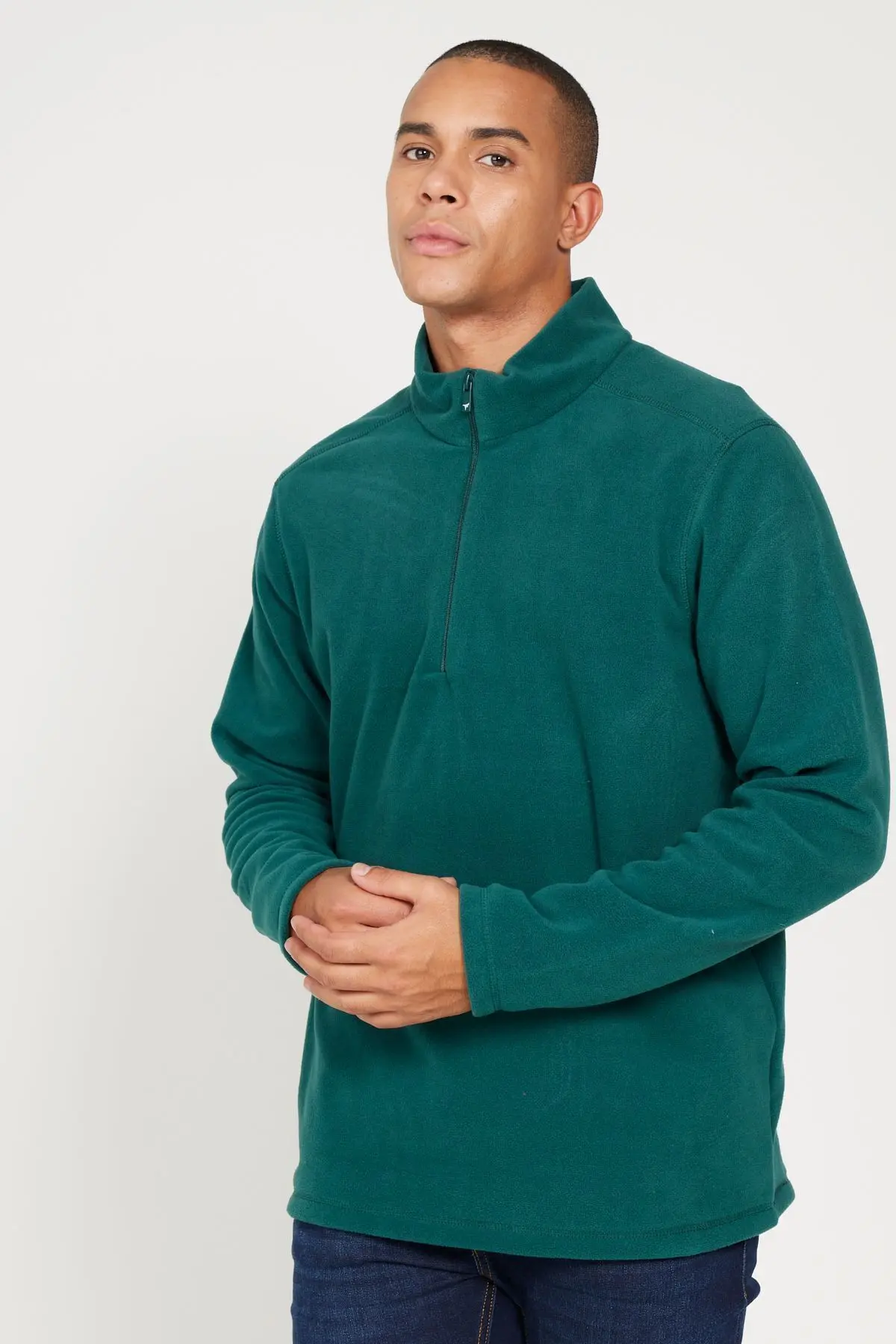 Erkek Yeşil Anti-pilling Tüylenme Yapmayan Standart Fit Dik Yaka Soğuk Geçirmez Polar Sweatshirt