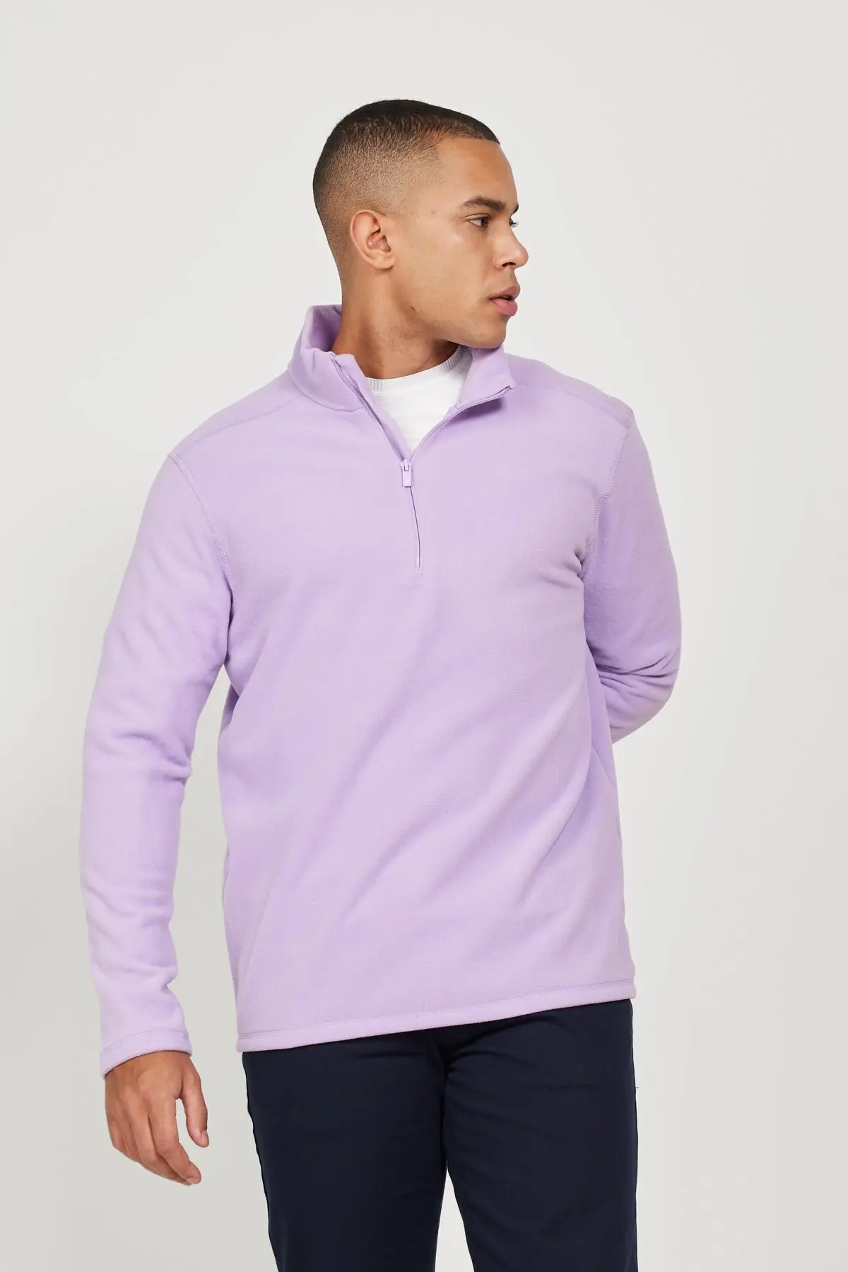 Erkek Lila Anti-Pilling Tüylenme Yapmayan Standart Fit Dik Yaka Polar Sweatshirt