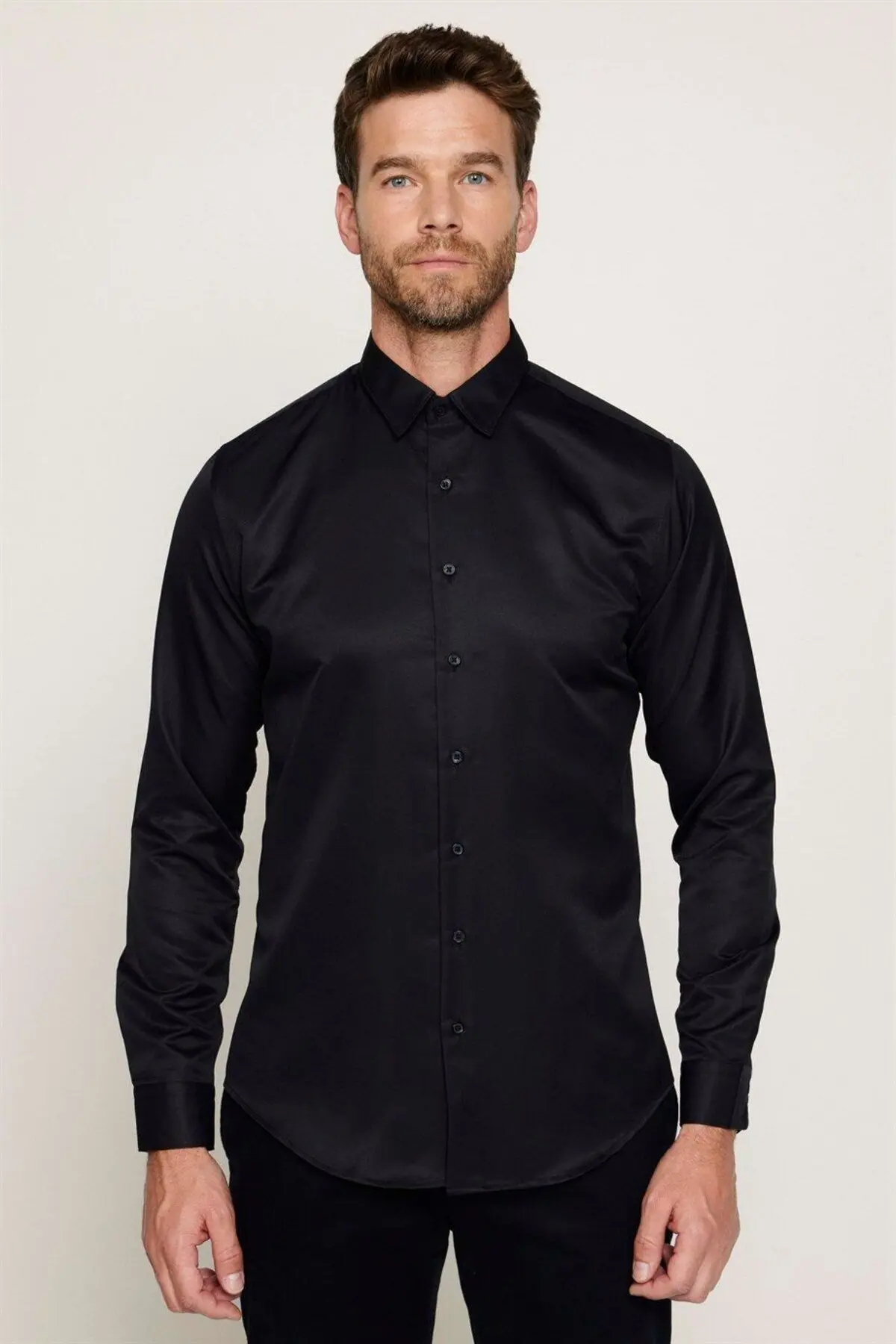 Slim Fit Uzun Kollu Kolay Ütü Teri Emen Nefes Alan Doku Kravatlık Dört Mevsim Siyah Erkek Gömlek