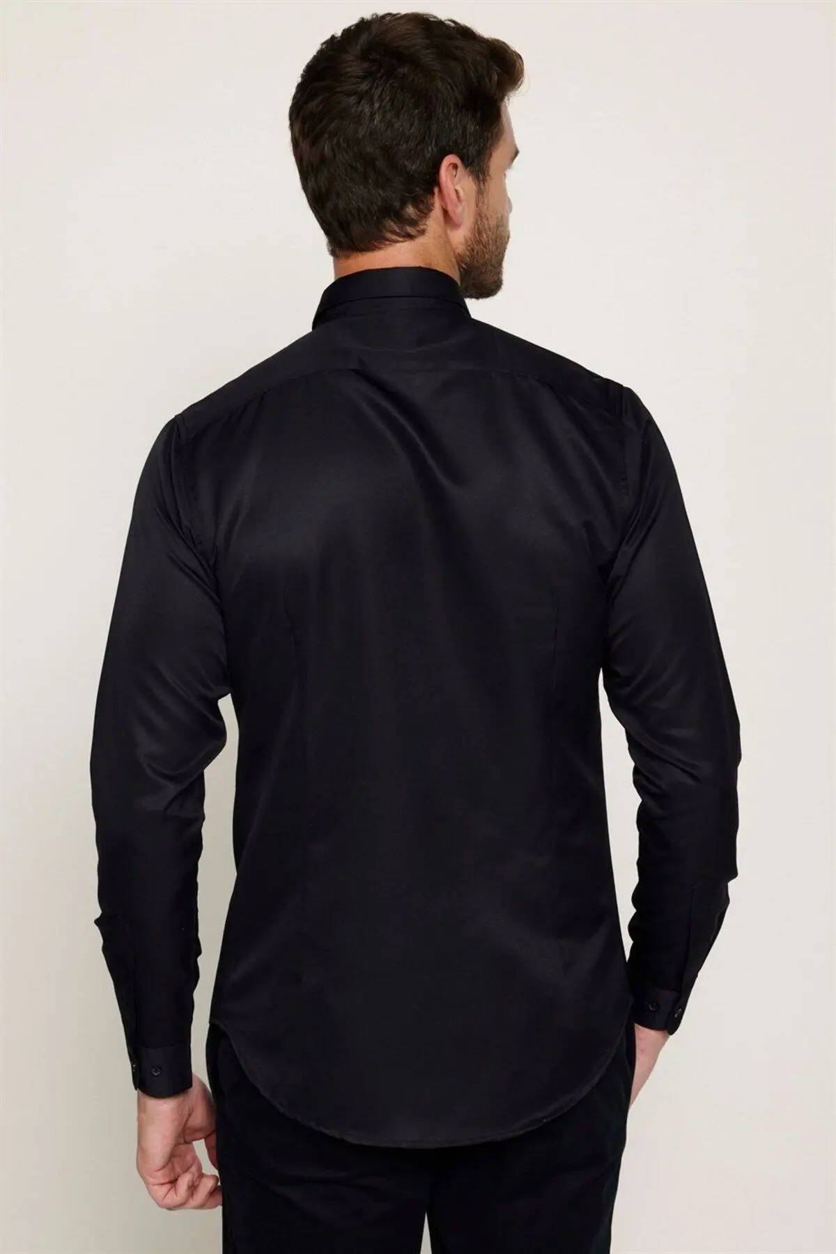 Slim Fit Uzun Kollu Kolay Ütü Teri Emen Nefes Alan Doku Kravatlık Dört Mevsim Siyah Erkek Gömlek