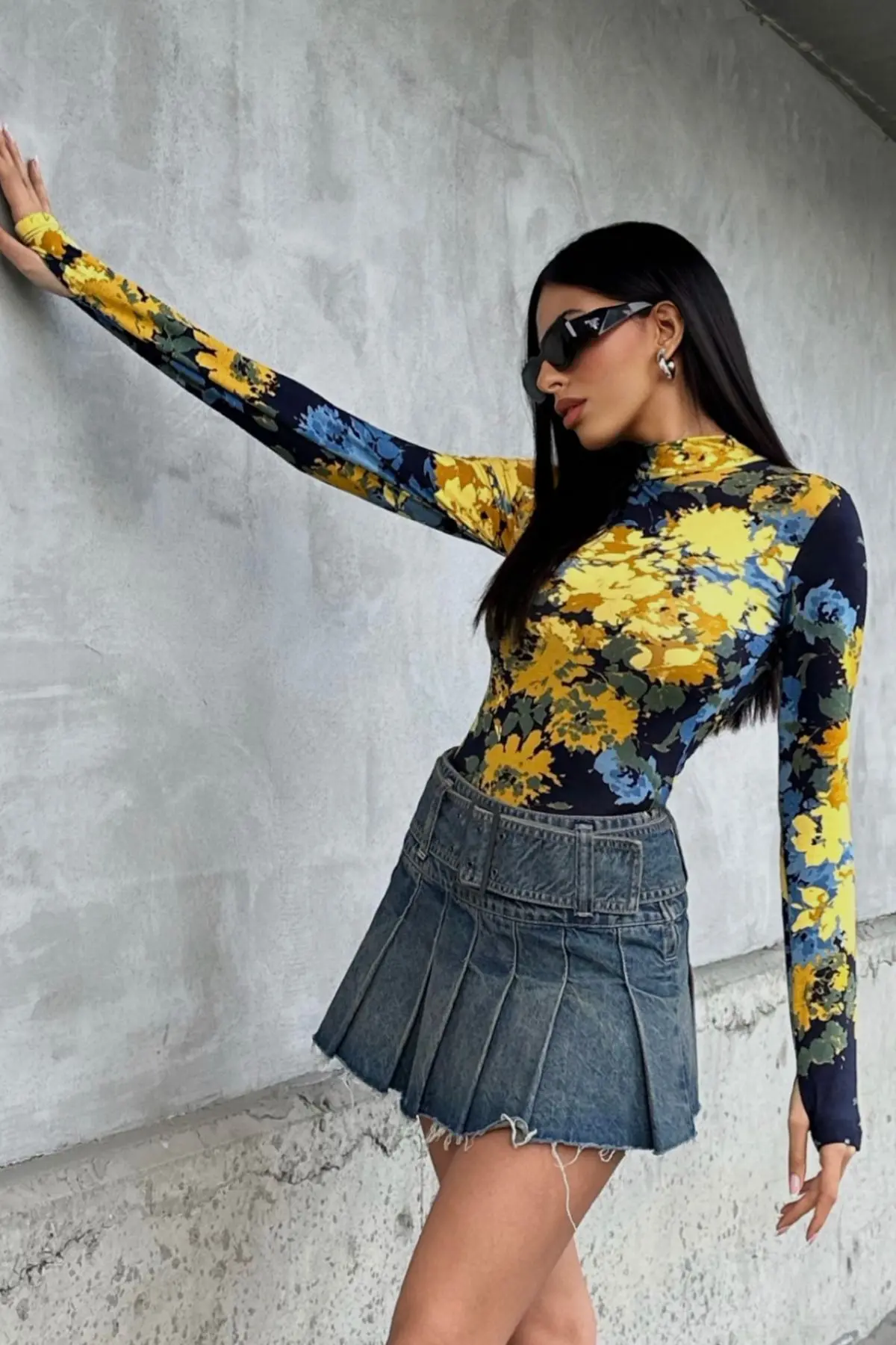Kadın Sarı Lacivert Bohem Desenli Parmak Detaylı Body