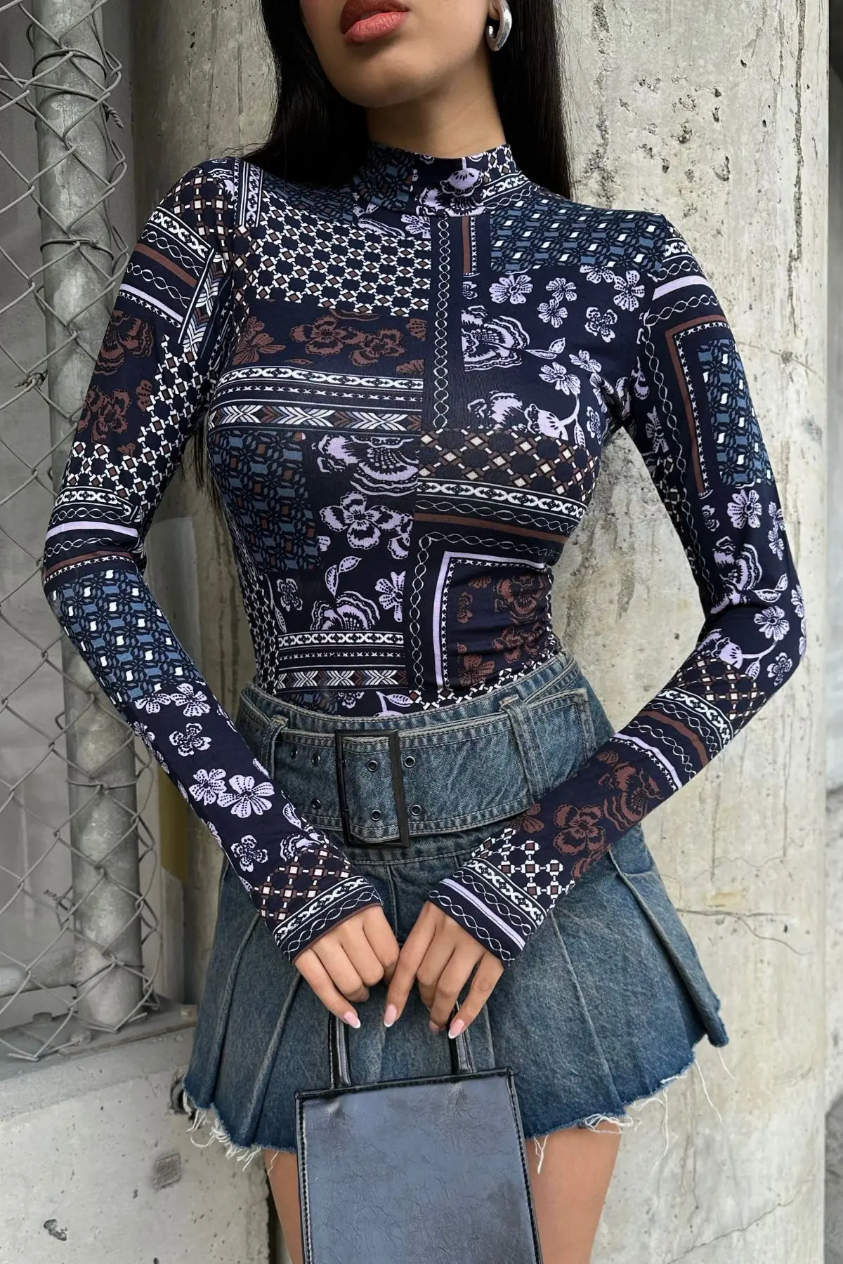 Kadın Lila Çiçek Etnik Desenli Parmak Detaylı Body