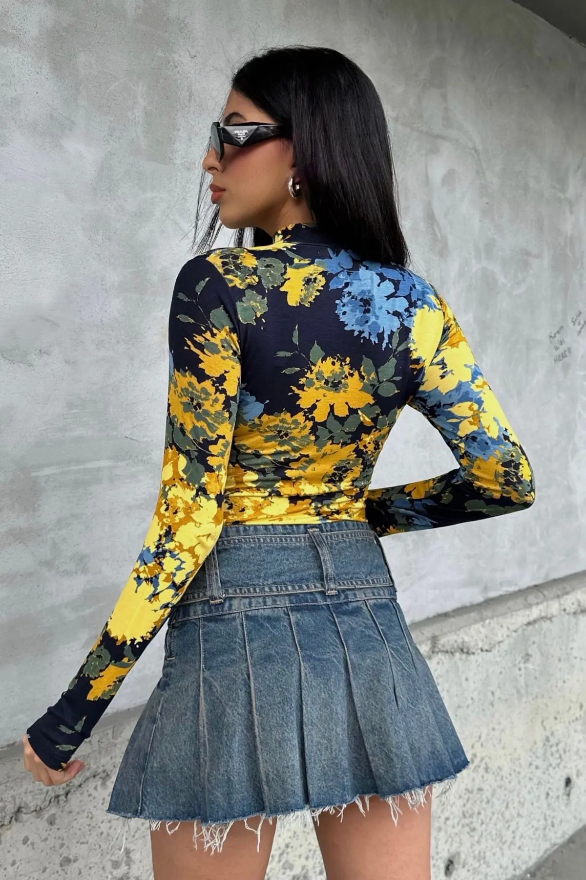 Kadın Sarı Lacivert Bohem Desenli Parmak Detaylı Body