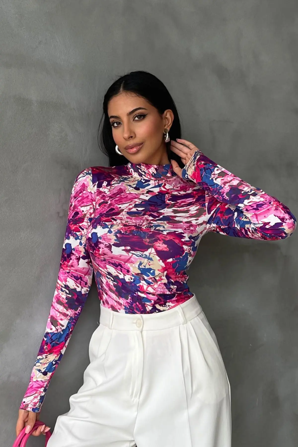 Kadın Pembe Karma Desenli Parmak Detaylı Body