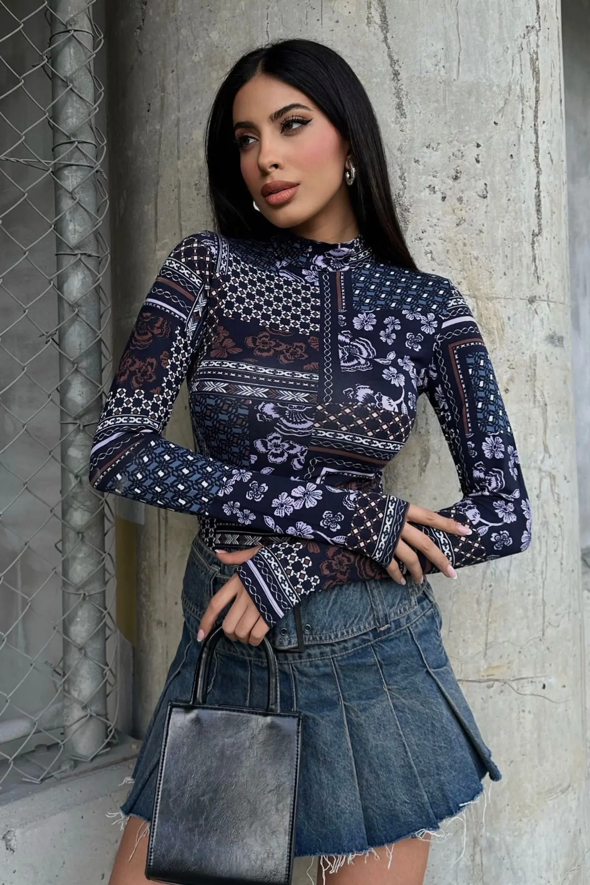 Kadın Lila Çiçek Etnik Desenli Parmak Detaylı Body