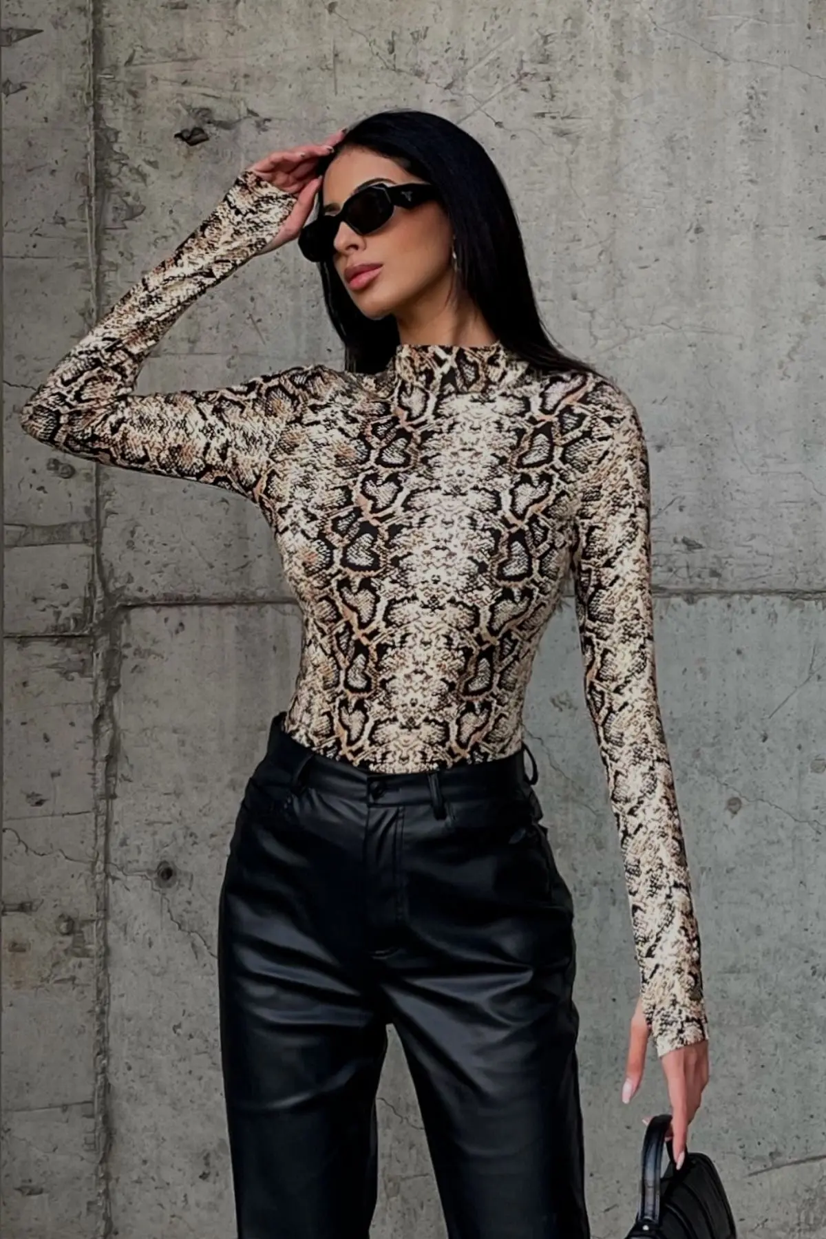 Kadın Camel Yılan Desenli Parmak Detaylı Body