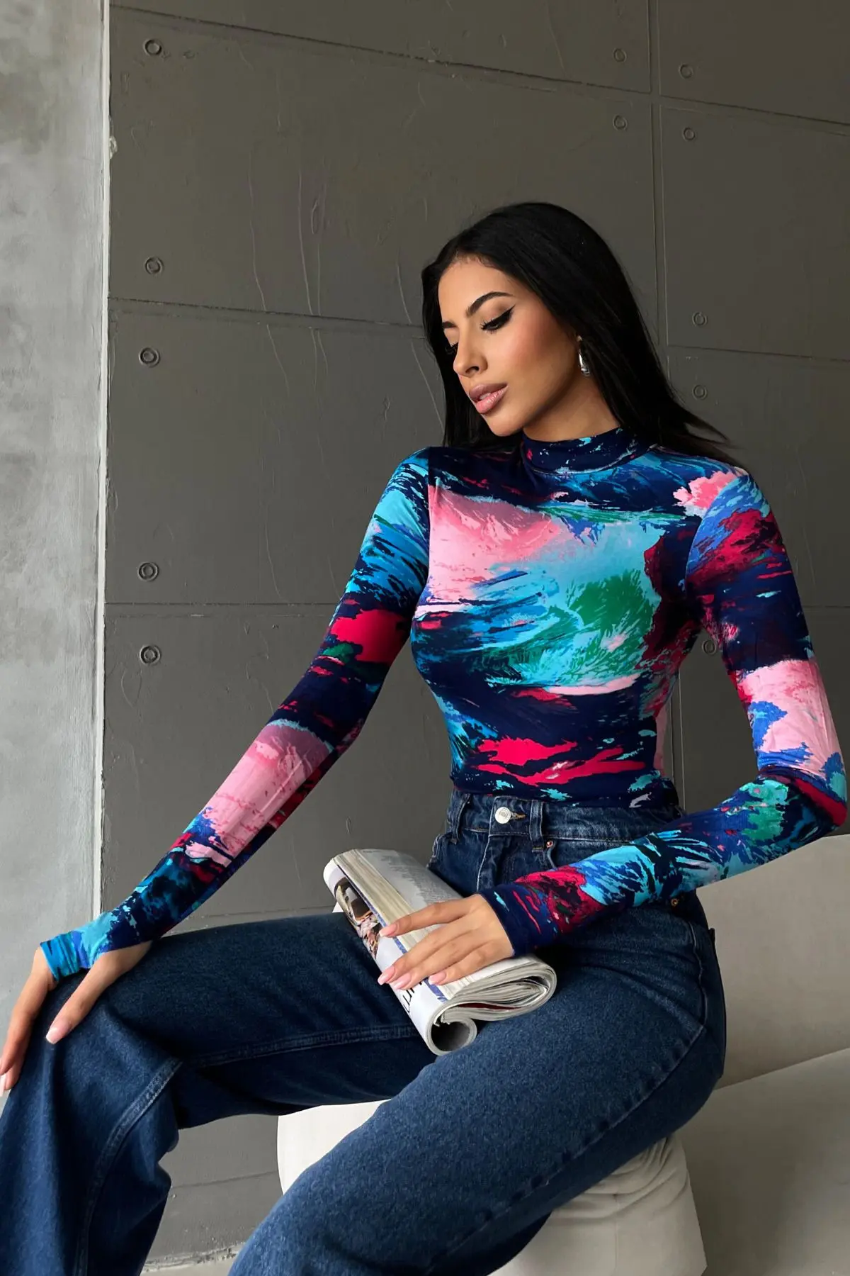 Kadın Lacivert Turkuaz Karma Desenli Parmak Detaylı Body