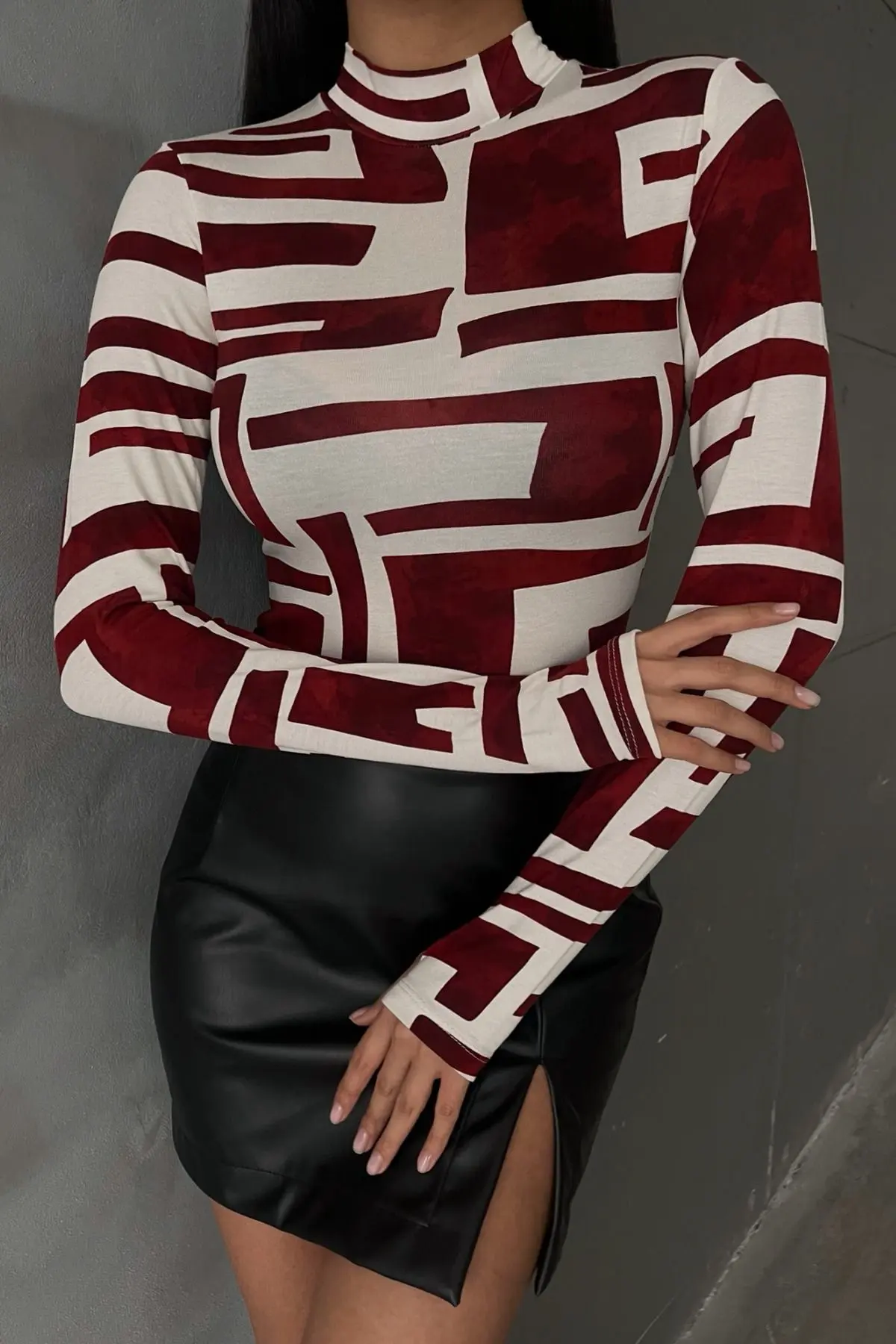 Kadın Bordo Batik Blok Desenli Parmak Detaylı Body