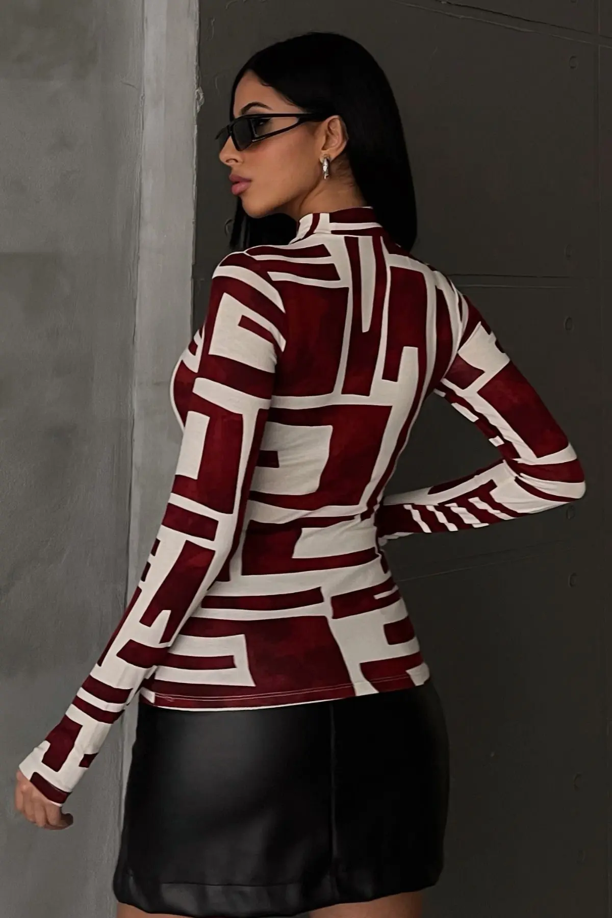 Kadın Bordo Batik Blok Desenli Parmak Detaylı Body