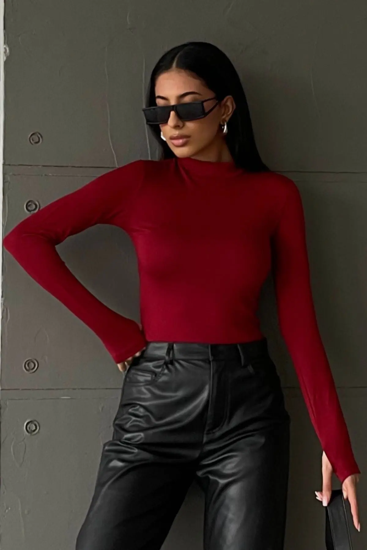 Kadın Bordo Parmak Detaylı Body