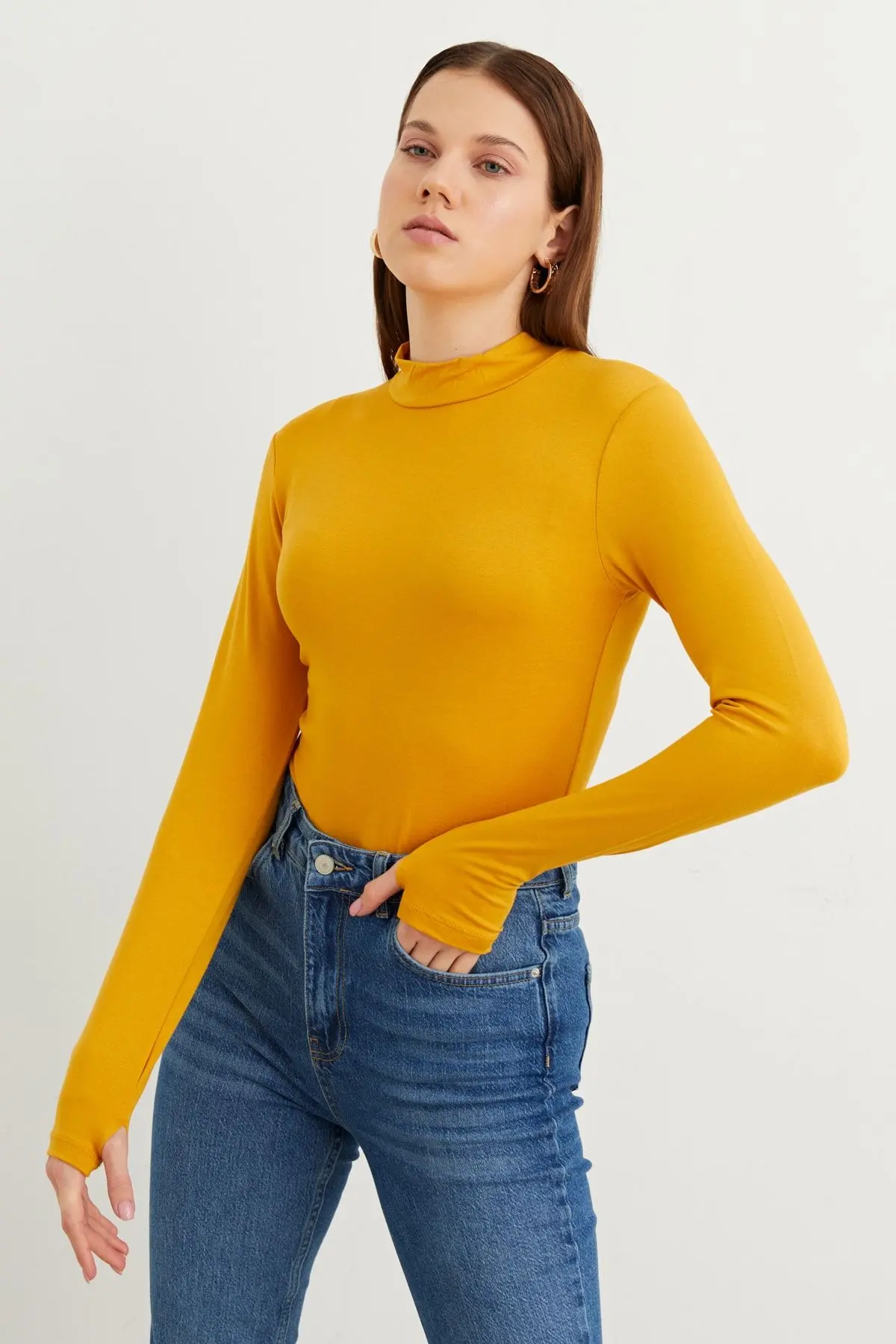 Kadın Hardal Parmak Detaylı Body