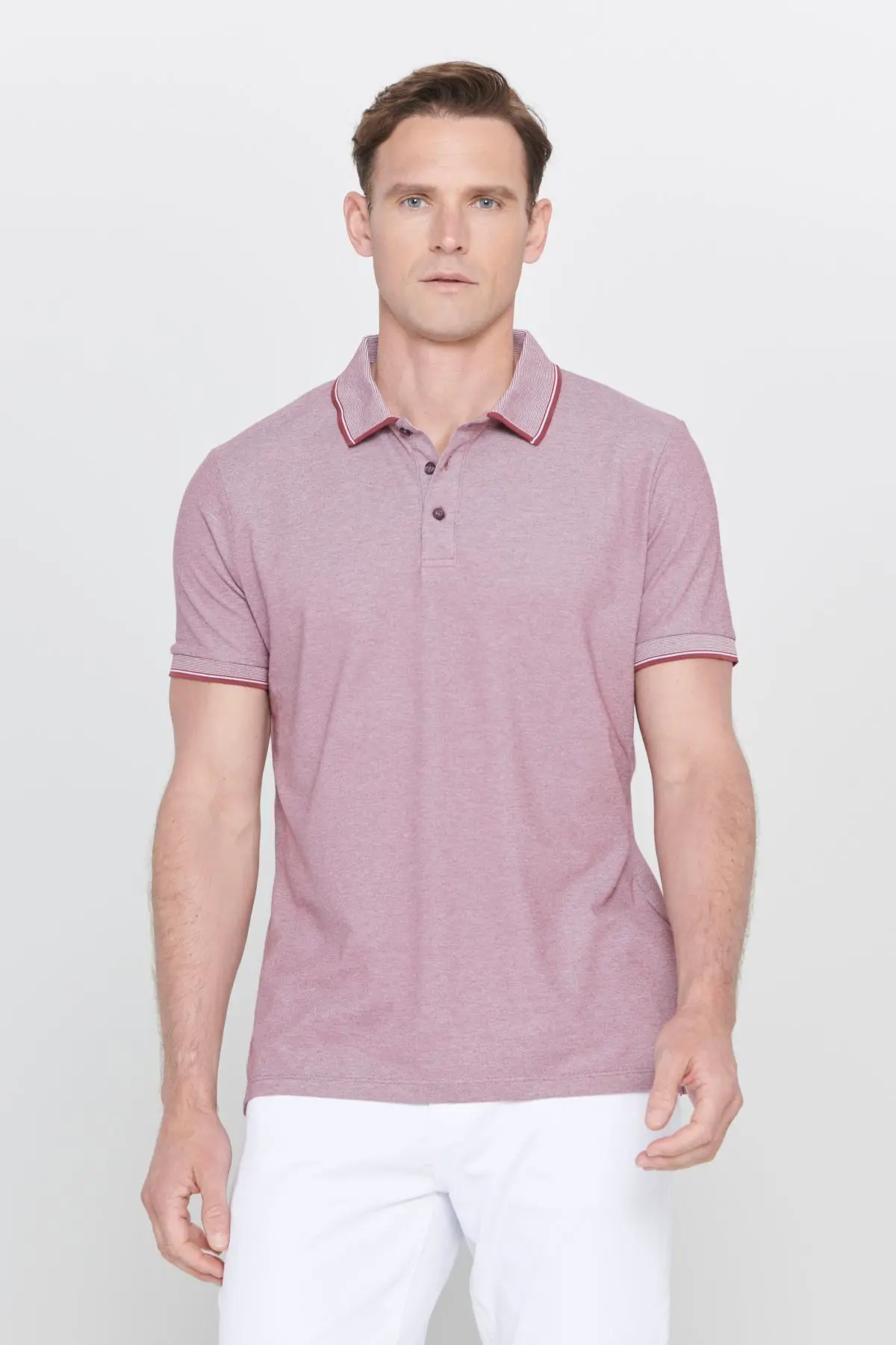 AC&Co / Altınyıldız Classics Erkek Çekmeyen Pamuklu Kumaş Slim Fit Dar Kesim Bordo Kıvrılmaz Polo Yaka T-shirt