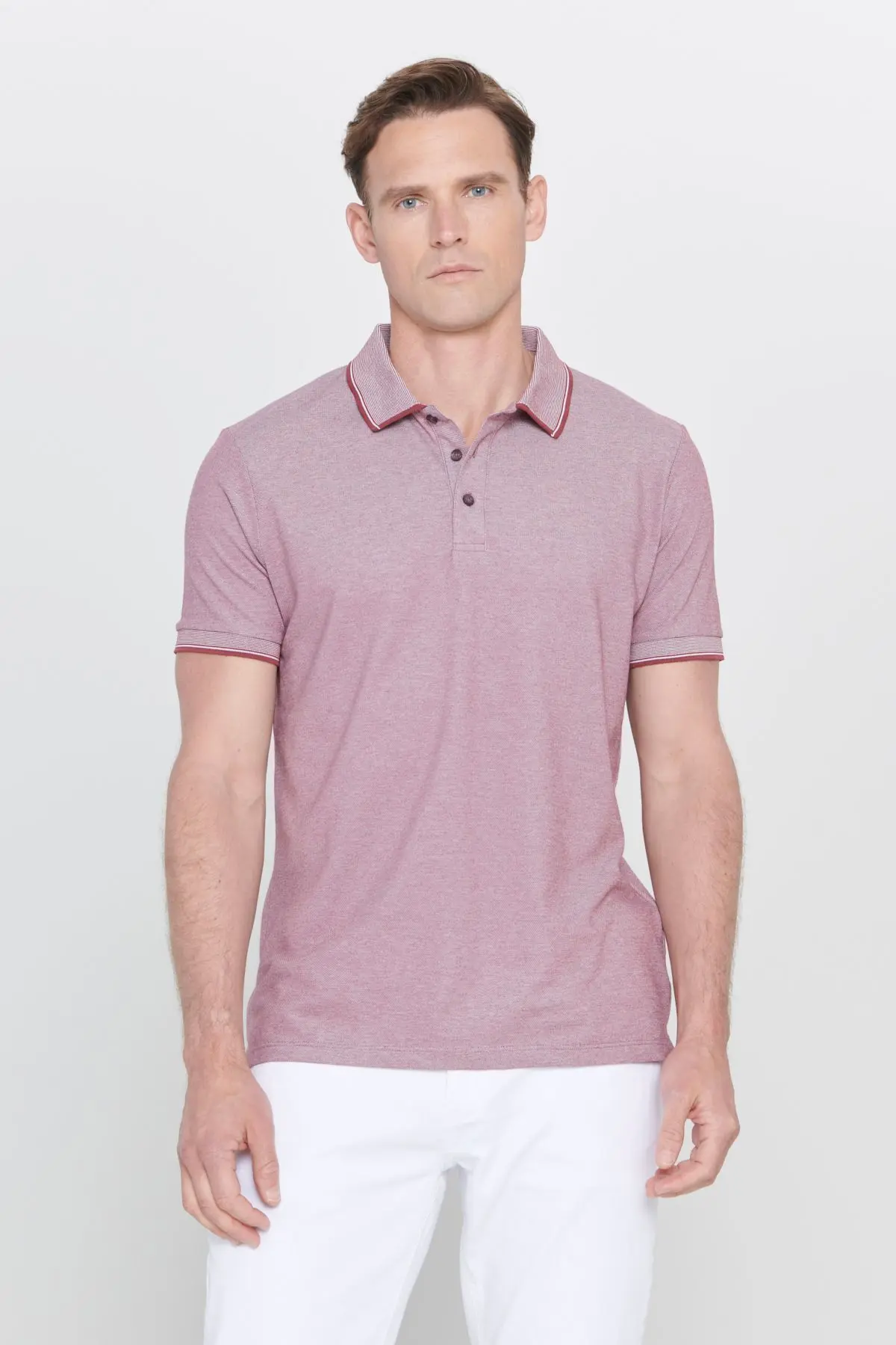 Erkek Çekmeyen Pamuklu Kumaş Slim Fit Dar Kesim Bordo Kıvrılmaz Polo Yaka T-shirt