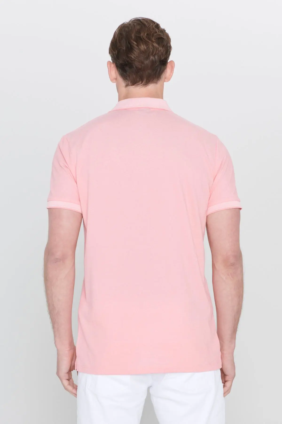 Erkek Çekmeyen Pamuklu Kumaş Slim Fit Dar Kesim Pembe-Beyaz Kıvrılmaz Polo Yaka Tişört