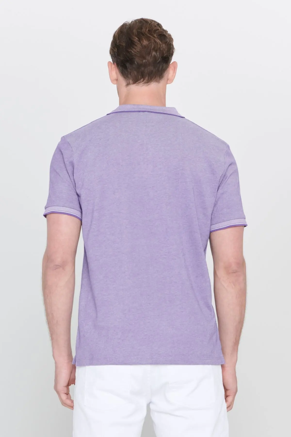 Erkek Çekmeyen Pamuklu Kumaş Slim Fit Dar Kesim Mor-Beyaz Kıvrılmaz Polo Yaka Tişört