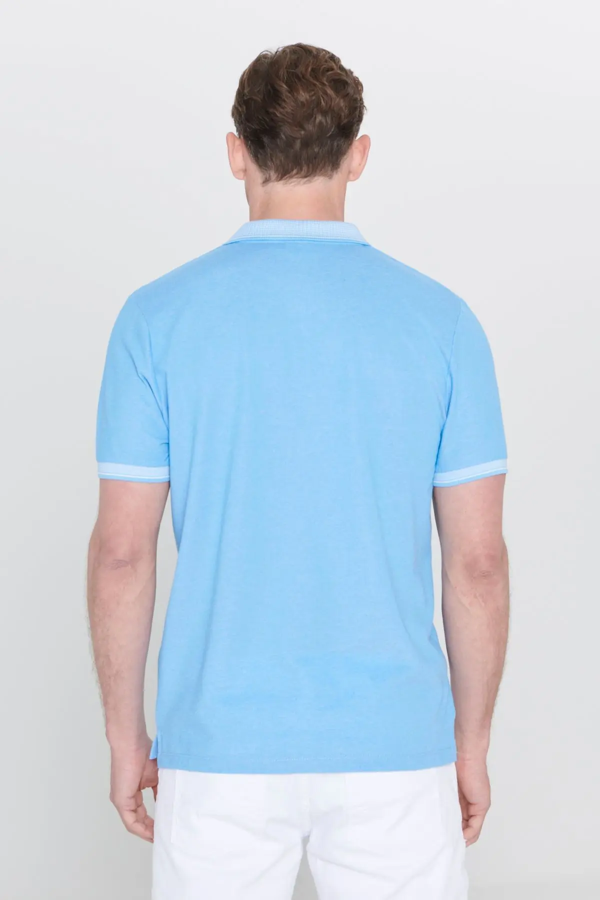 Erkek Çekmeyen Pamuklu Kumaş Slim Fit Dar Kesim Mavi Kıvrılmaz Polo Yaka Tişört