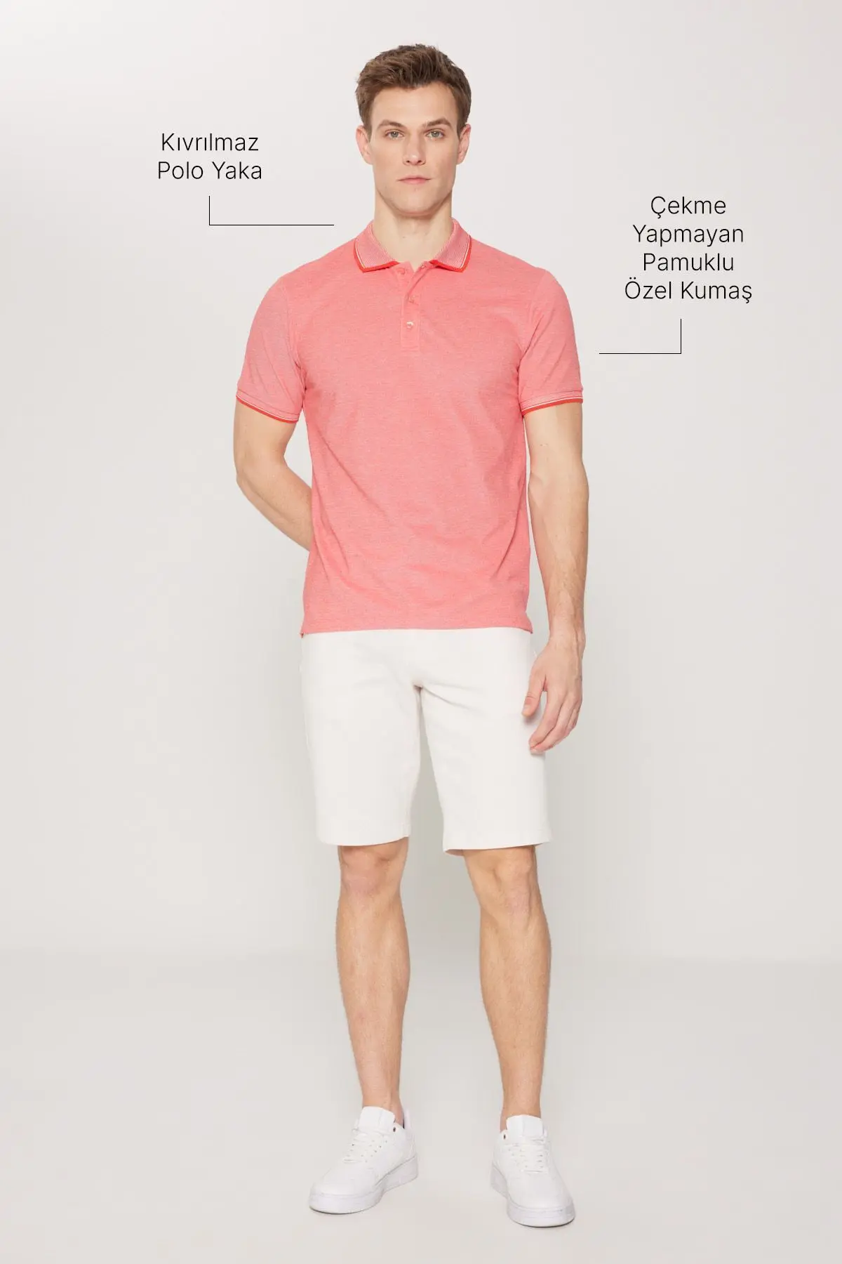 Erkek Çekmeyen Pamuklu Kumaş Slim Fit Dar Kesim Narçiçeği-Beyaz Kıvrılmaz Polo Yaka Tişört