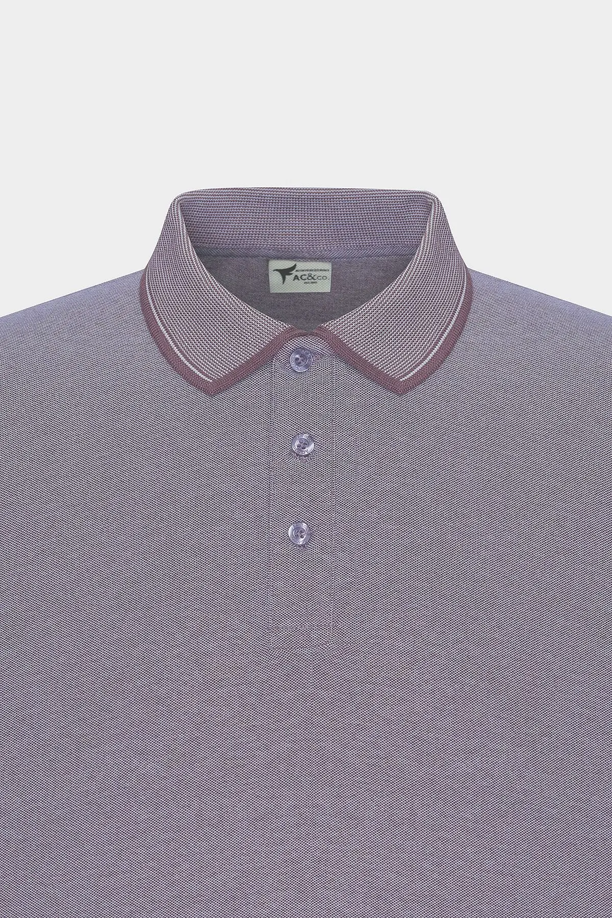 Erkek Çekmeyen Pamuklu Kumaş Slim Fit Dar Kesim Mor-Beyaz Kıvrılmaz Polo Yaka Tişört