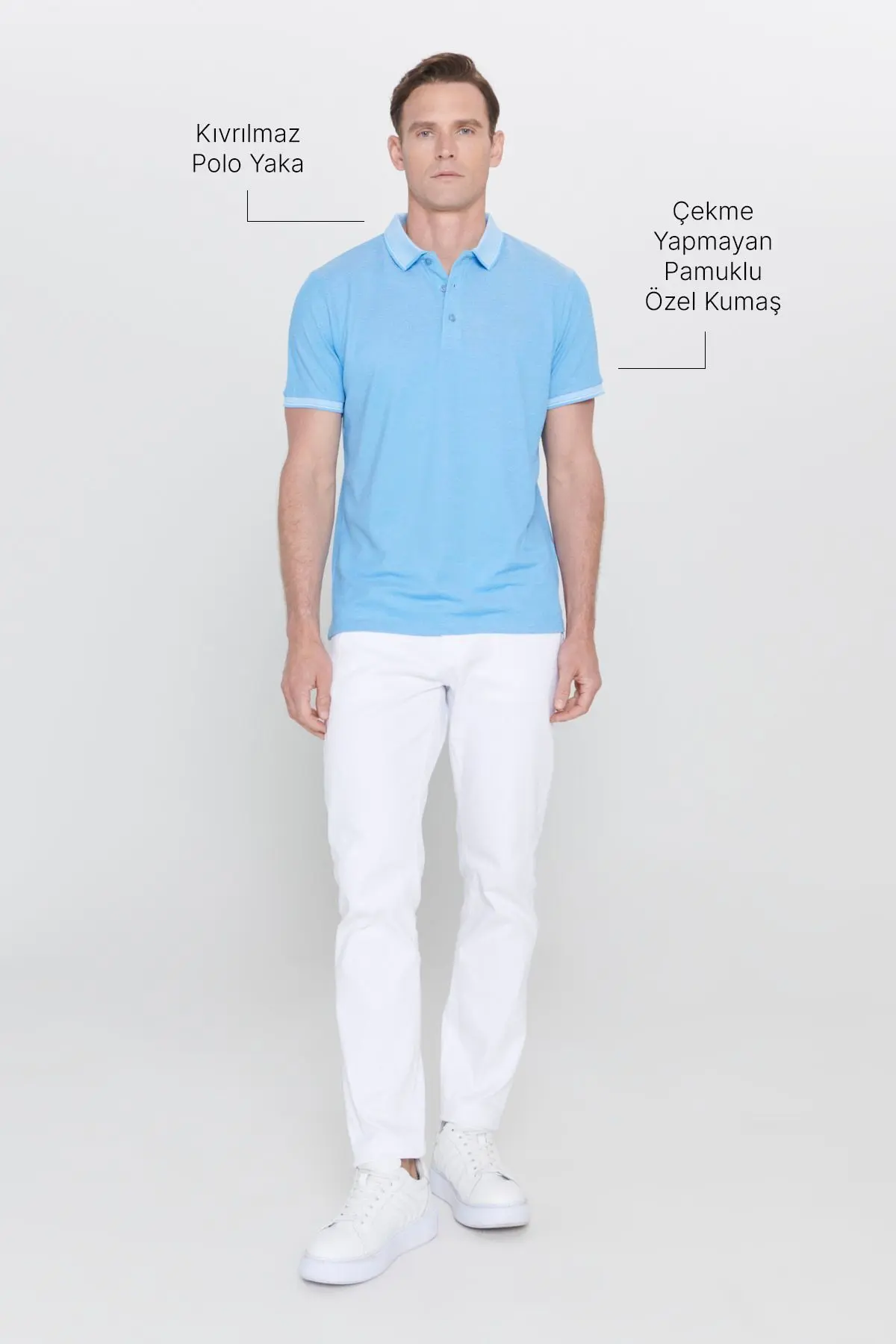 Erkek Çekmeyen Pamuklu Kumaş Slim Fit Dar Kesim Saks-Beyaz Kıvrılmaz Polo Yaka Tişört