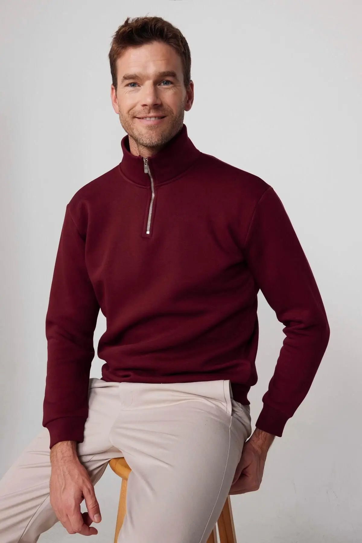 Unisex Relax Fit Rahat Kesim Pamuklu Yarım Fermuarlı Bordo Dik Yaka Sweatshirt