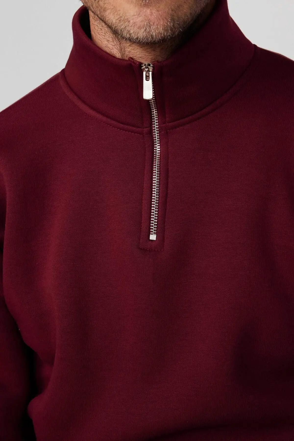 Unisex Relax Fit Rahat Kesim Pamuklu Yarım Fermuarlı Bordo Dik Yaka Sweatshirt