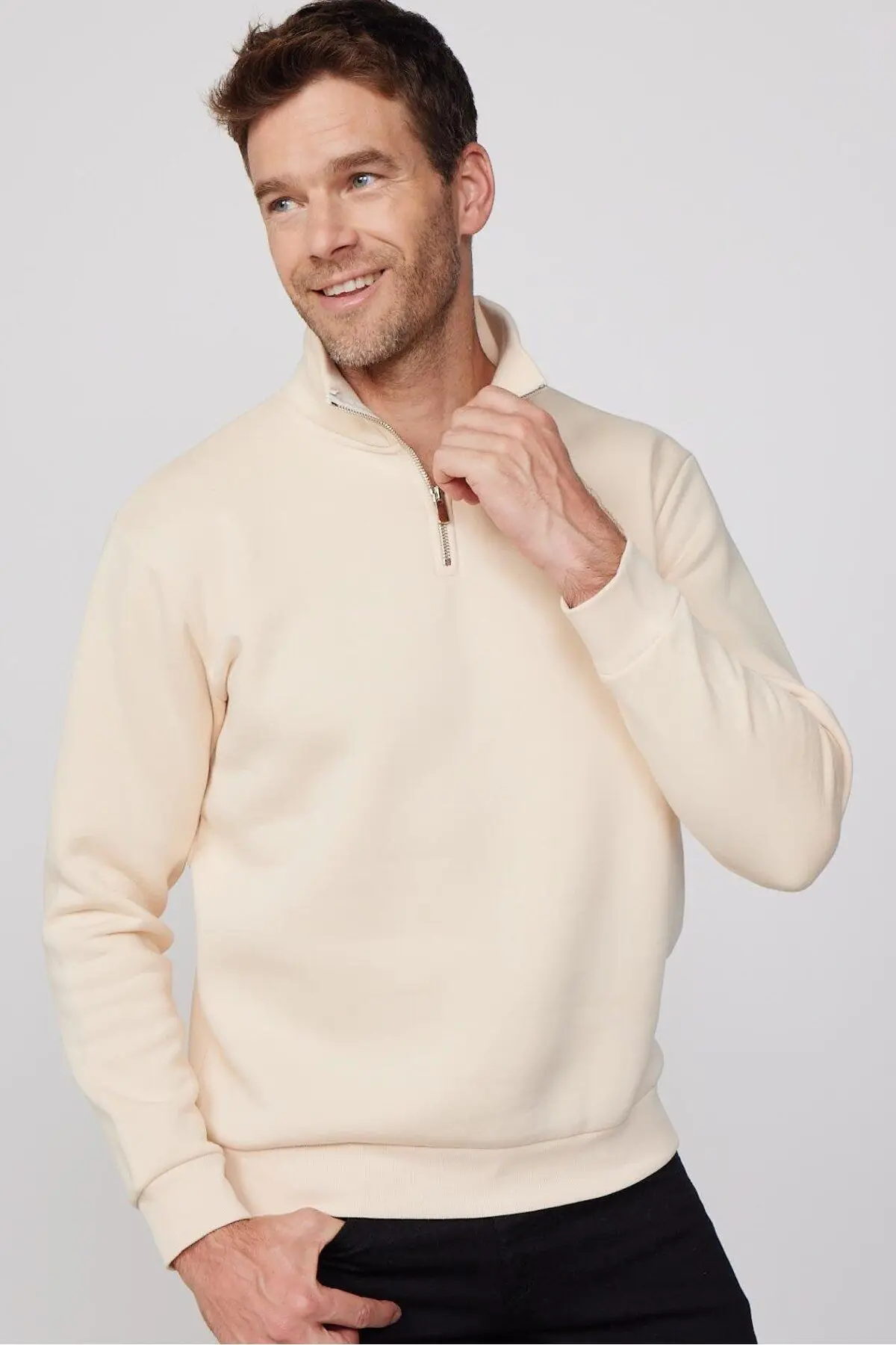 Tudors Unisex Relax Fit Rahat Kesim Pamuklu Yarım Fermuarlı Ekru Dik Yaka Sweatshirt