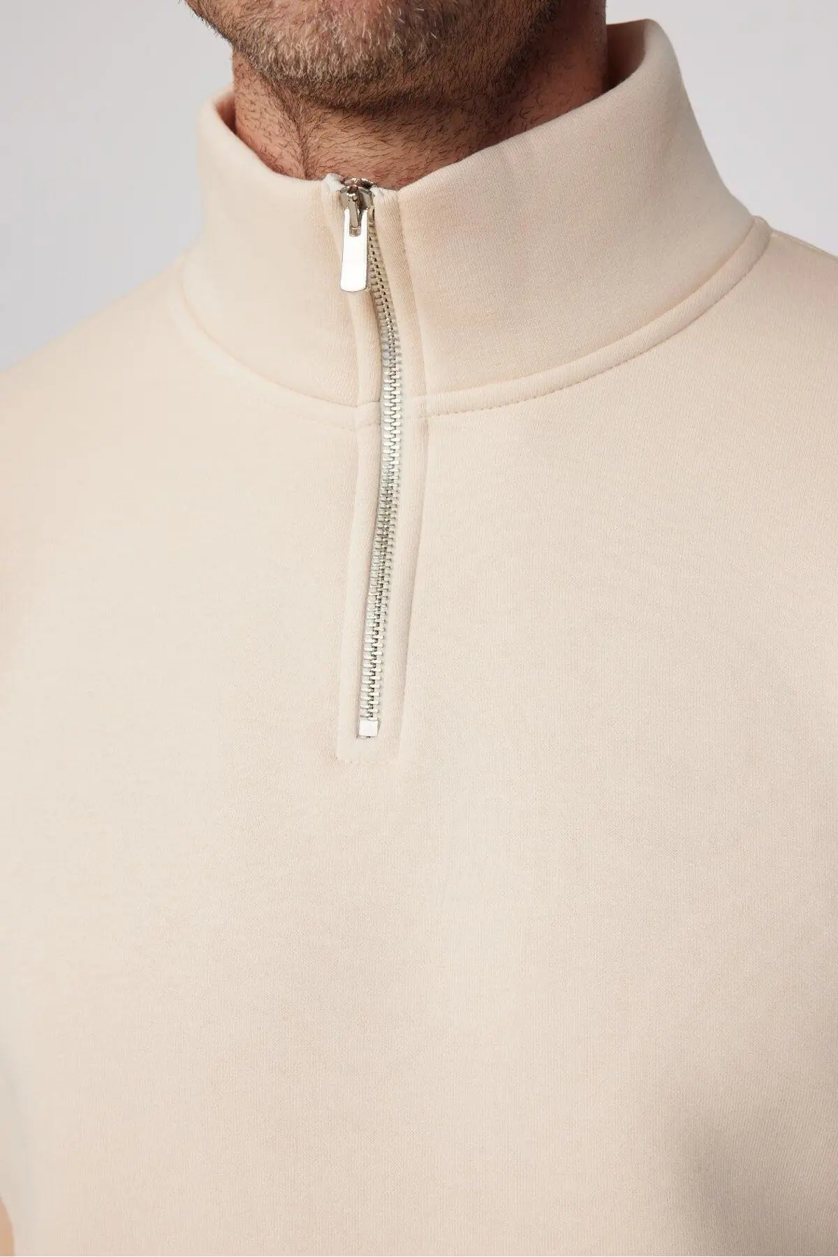 Unisex Relax Fit Rahat Kesim Pamuklu Yarım Fermuarlı Ekru Dik Yaka Sweatshirt
