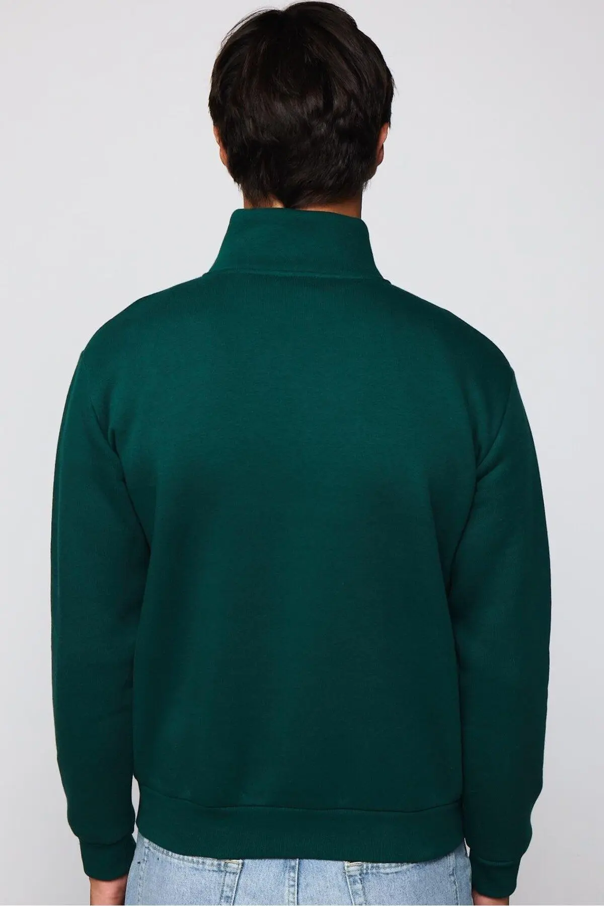 Unisex Relax Fit Rahat Kesim Pamuklu Yarım Fermuarlı Haki Dik Yaka Sweatshirt