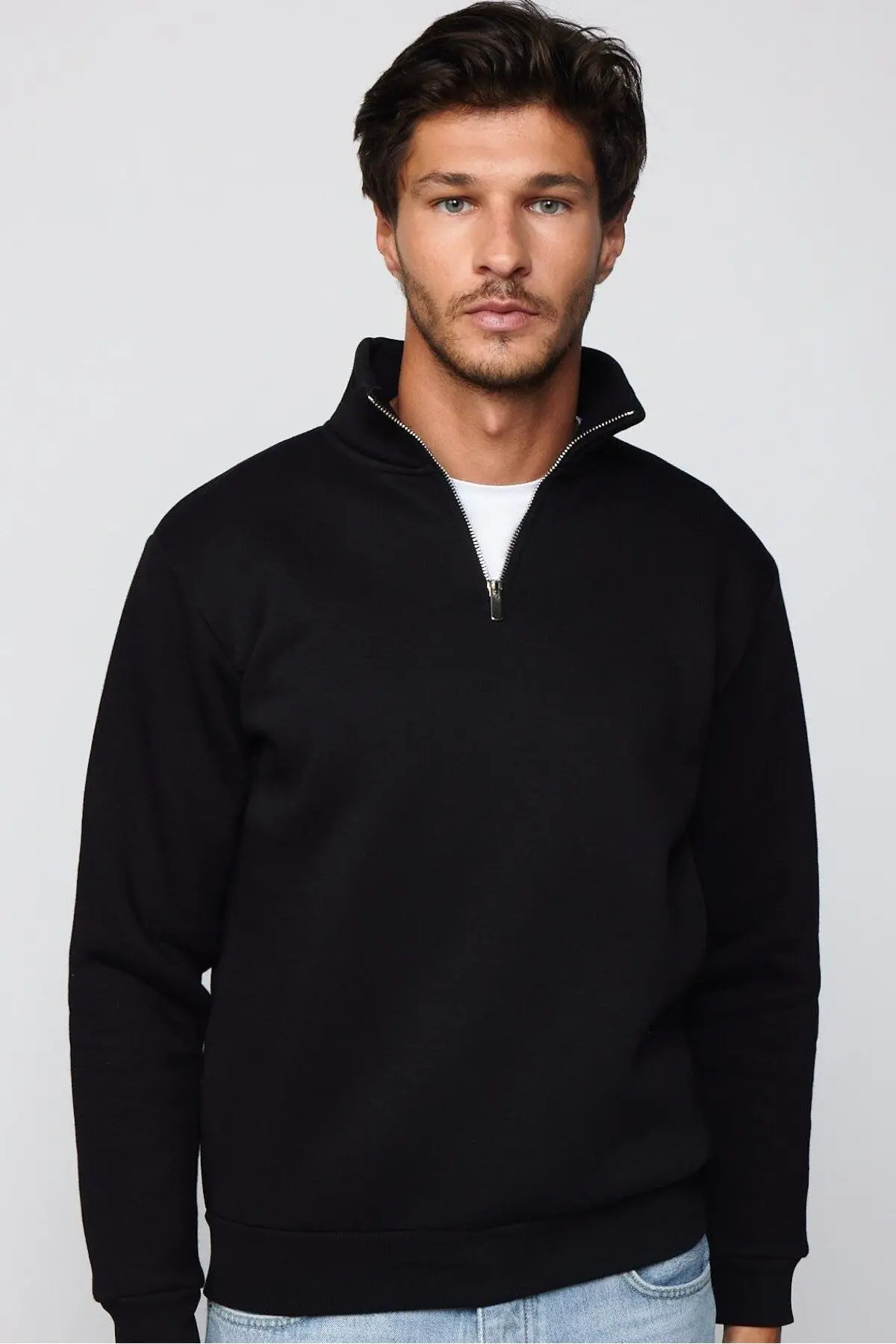Tudors Unisex Relax Fit Rahat Kesim Pamuklu Yarım Fermuarlı Siyah Dik Yaka Sweatshirt