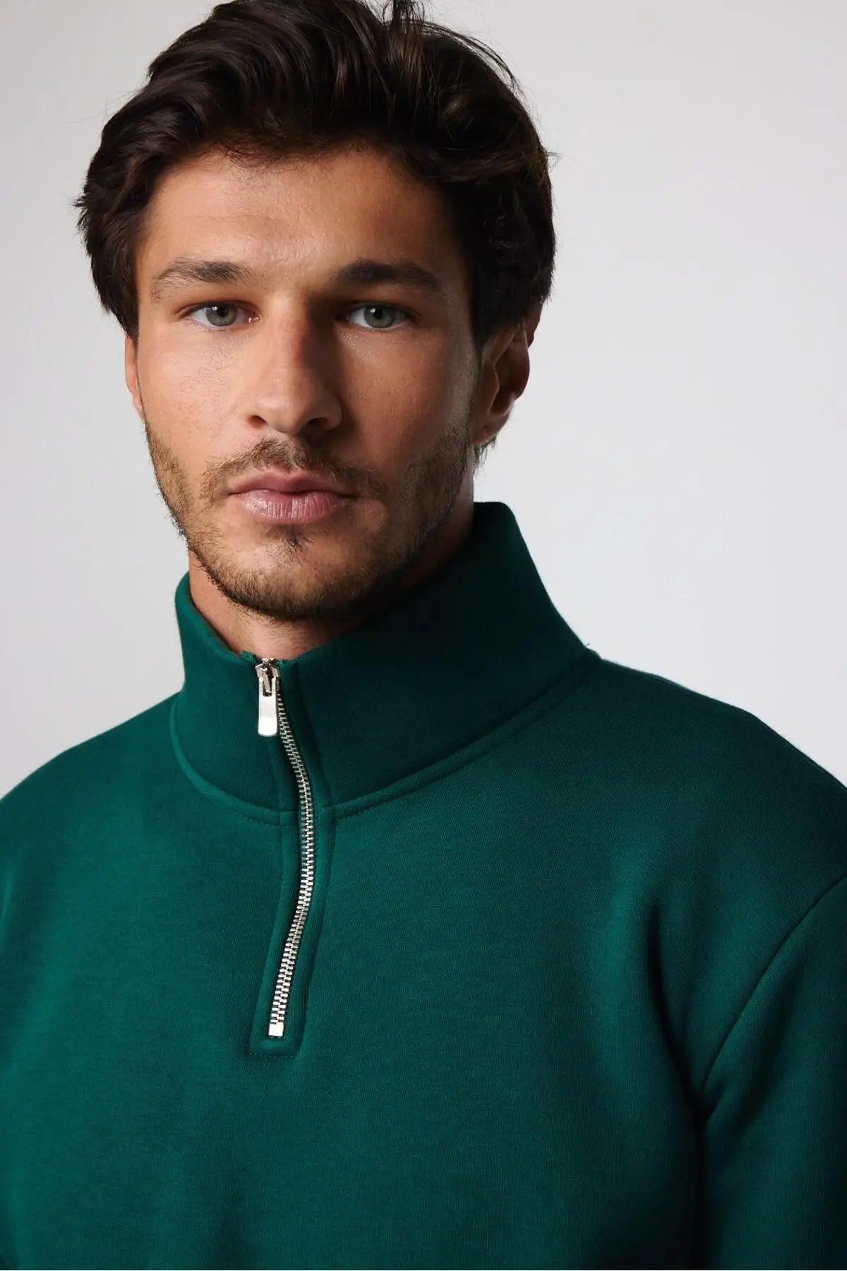 Unisex Relax Fit Rahat Kesim Pamuklu Yarım Fermuarlı Haki Dik Yaka Sweatshirt