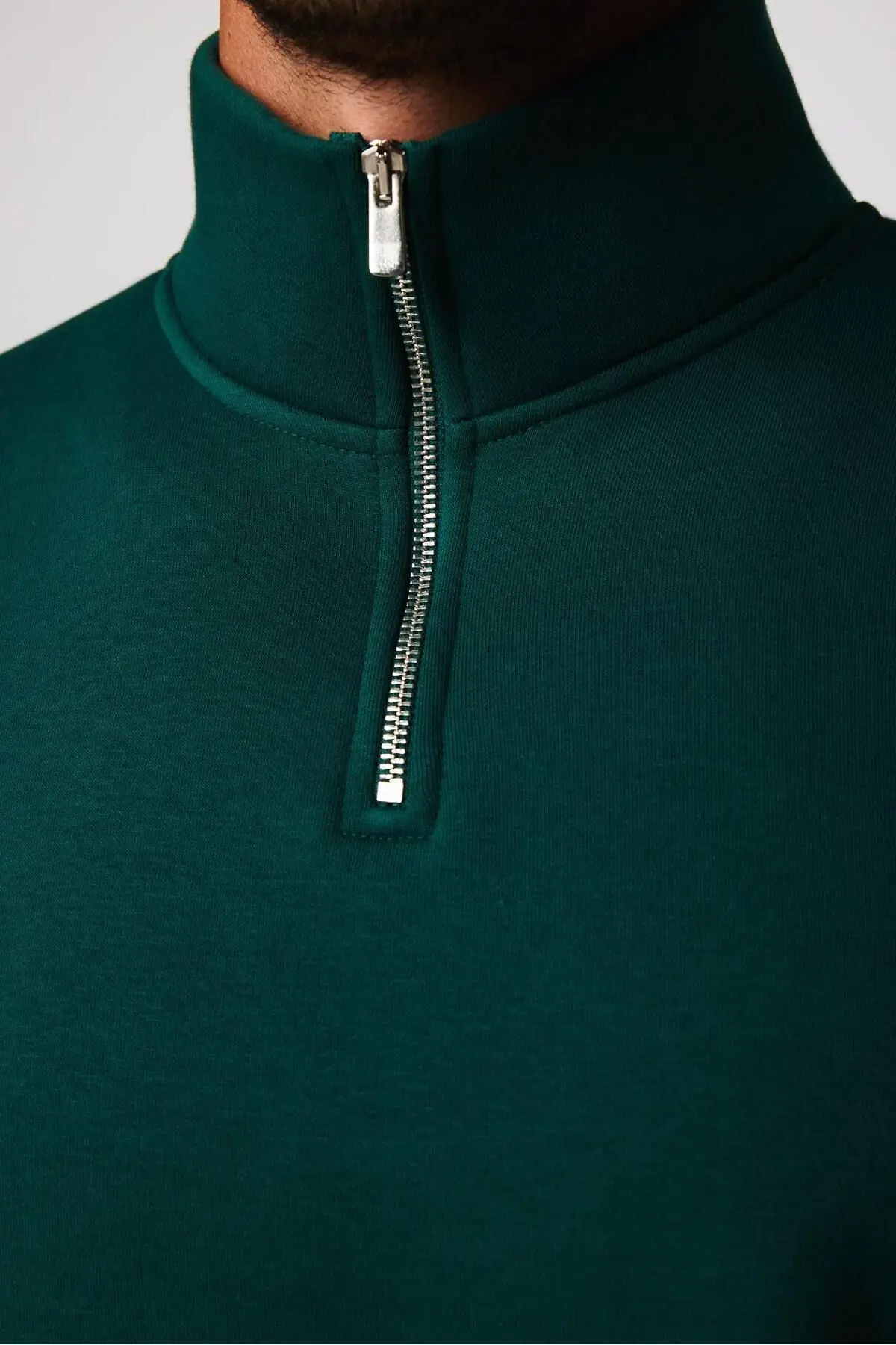 Unisex Relax Fit Rahat Kesim Pamuklu Yarım Fermuarlı Haki Dik Yaka Sweatshirt