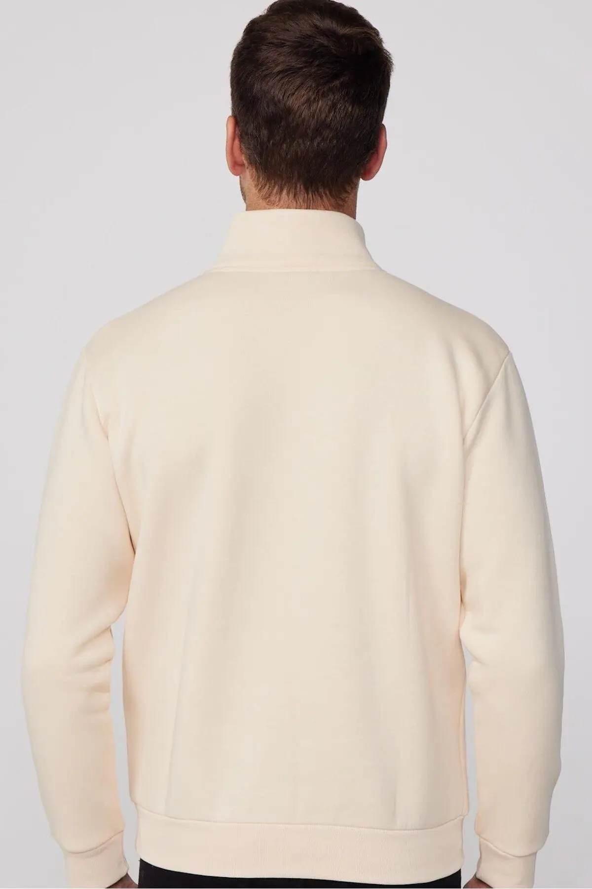 Unisex Relax Fit Rahat Kesim Pamuklu Yarım Fermuarlı Ekru Dik Yaka Sweatshirt