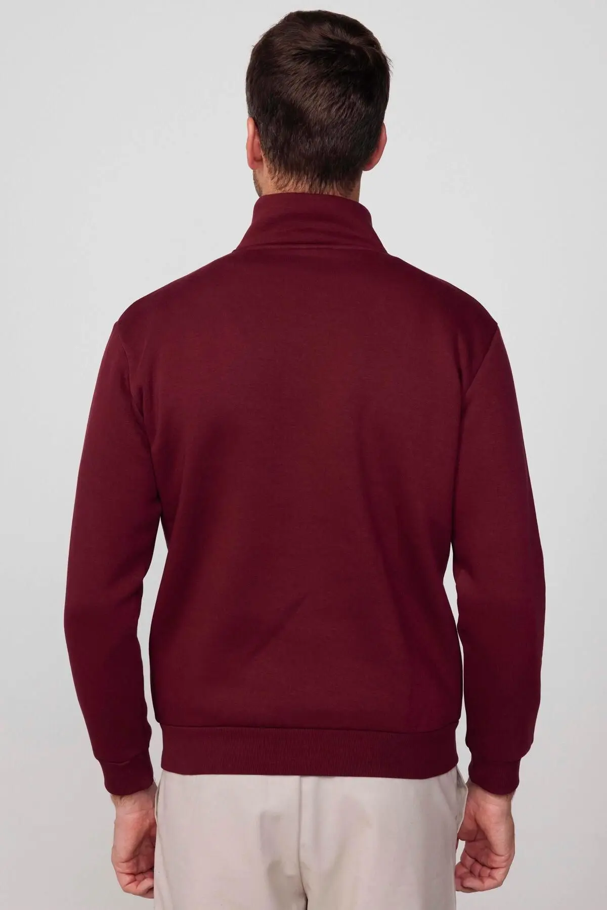 Unisex Relax Fit Rahat Kesim Pamuklu Yarım Fermuarlı Bordo Dik Yaka Sweatshirt