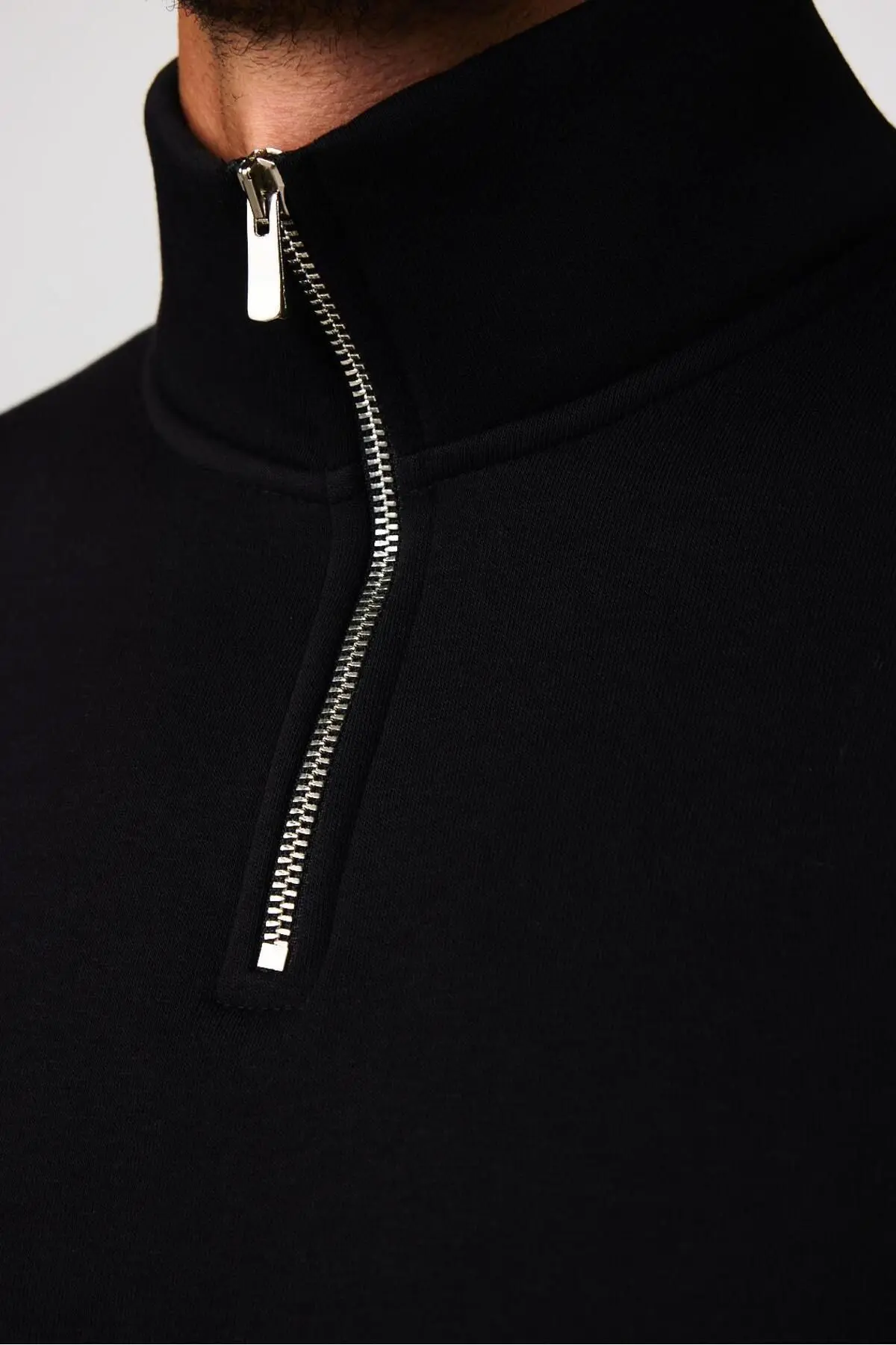 Unisex Relax Fit Rahat Kesim Pamuklu Yarım Fermuarlı Siyah Dik Yaka Sweatshirt