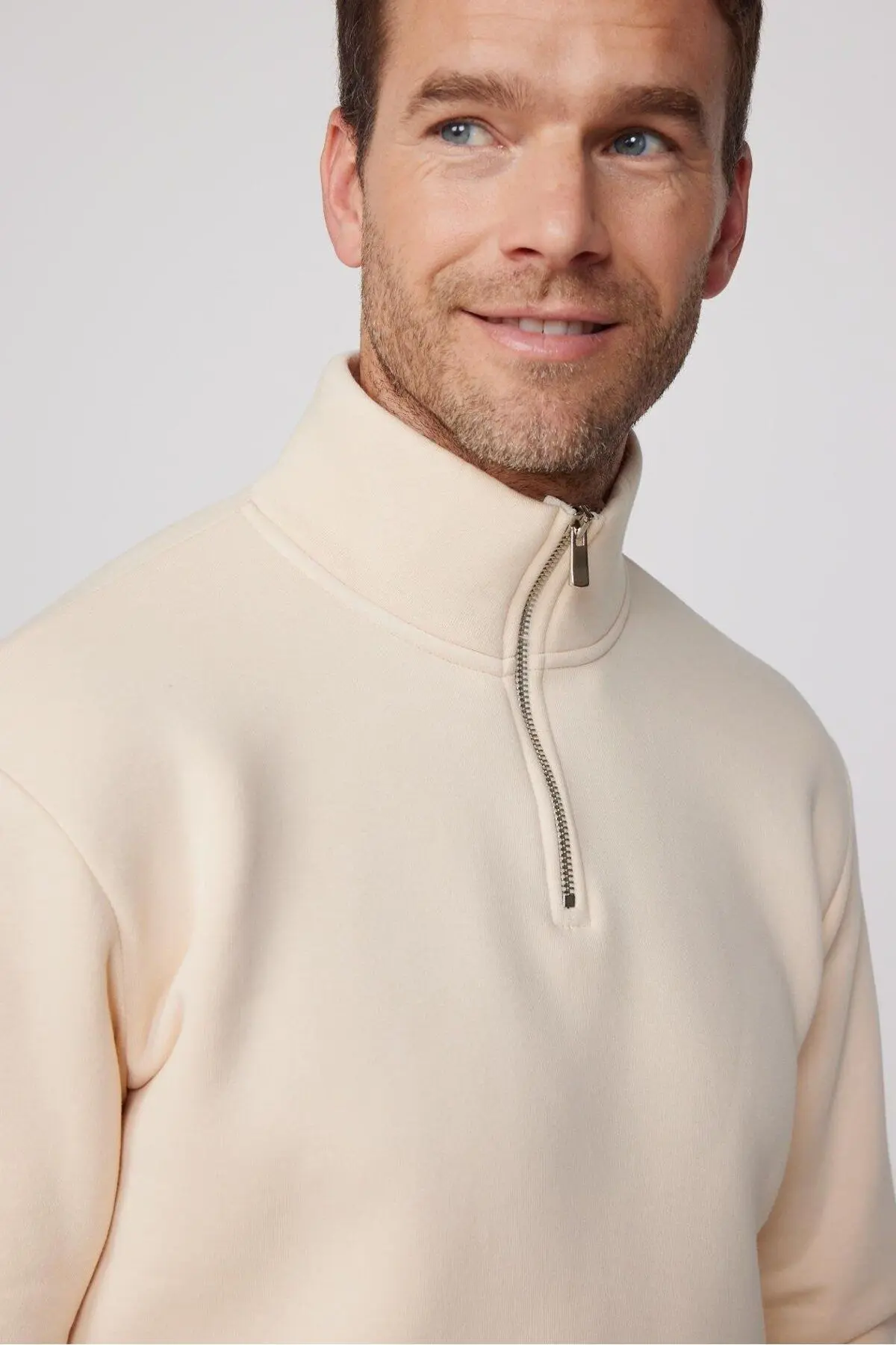 Unisex Relax Fit Rahat Kesim Pamuklu Yarım Fermuarlı Ekru Dik Yaka Sweatshirt