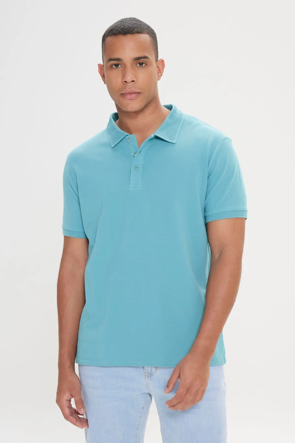 Erkek Petrol %100 Pamuk Kıvrılmaz Pike Polo Yaka Slim Fit Dar Kesim Tişört