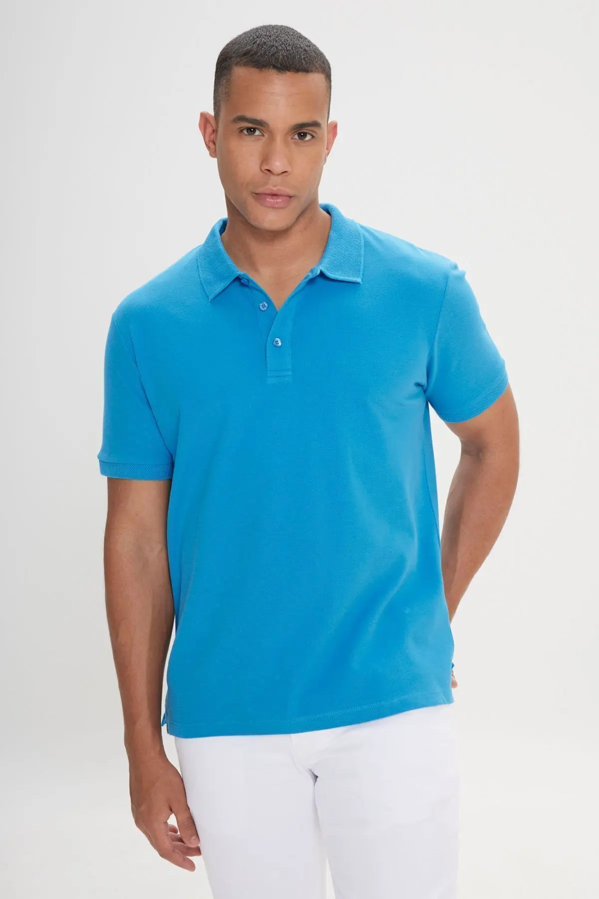 Erkek Turkuaz %100 Pamuk Kıvrılmaz Pike Polo Yaka Slim Fit Dar Kesim Tişört