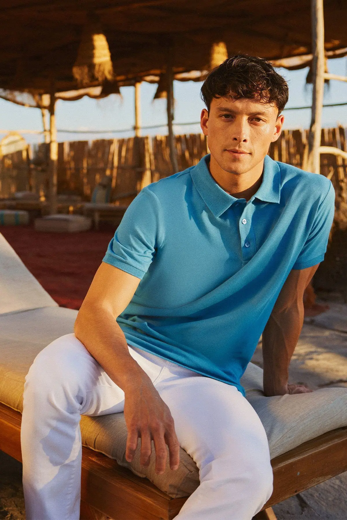 Erkek Turkuaz %100 Pamuk Kıvrılmaz Pike Polo Yaka Slim Fit Dar Kesim Tişört