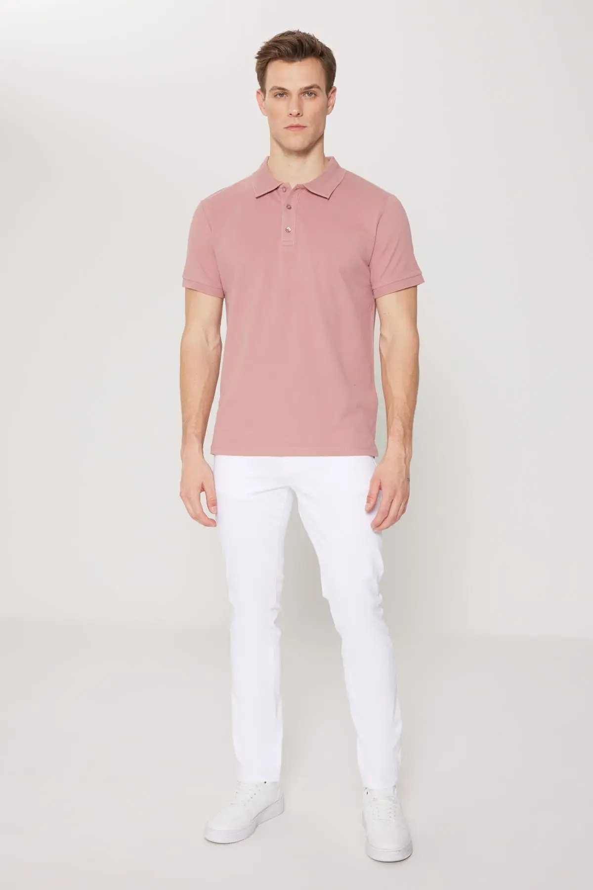 Erkek Gül Kurusu %100 Pamuk Kıvrılmaz Pike Polo Yaka Slim Fit Dar Kesim Tişört