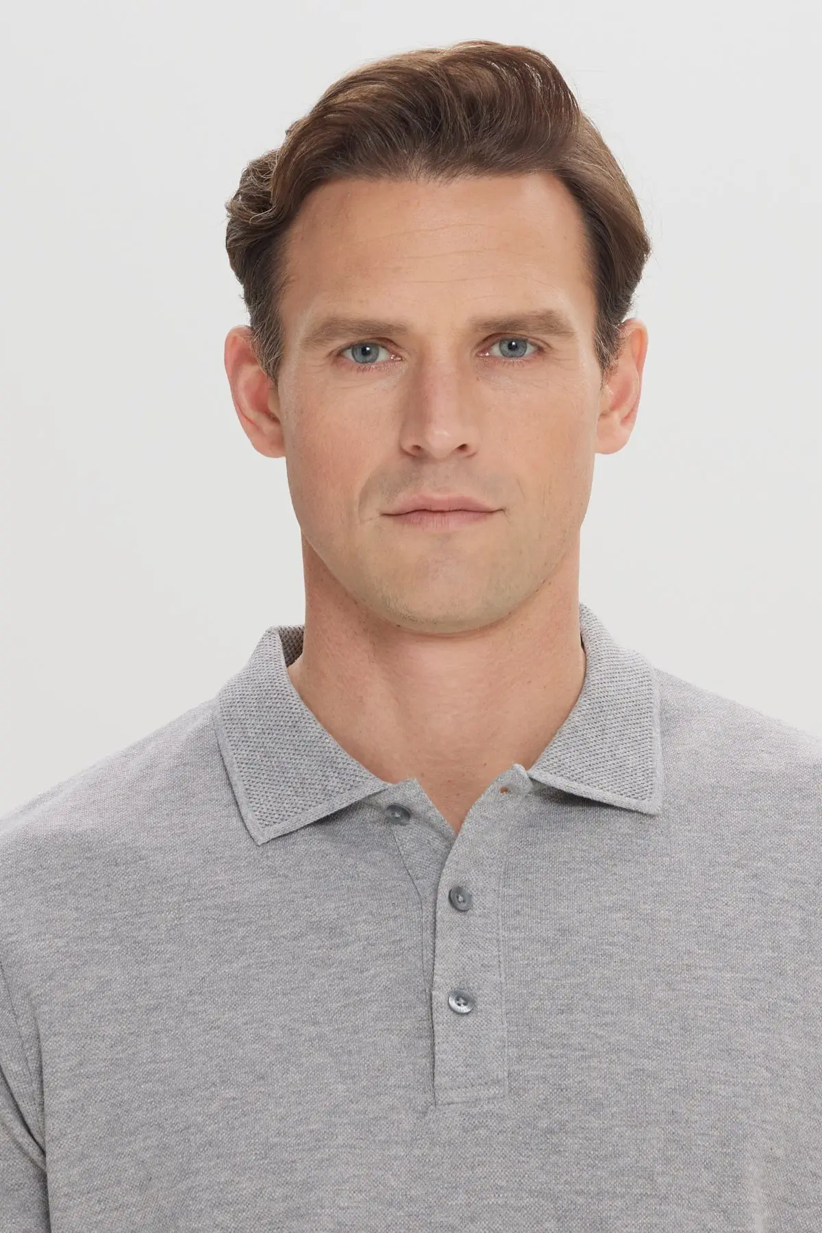 Erkek Gri Melanj %100 Pamuk Kıvrılmaz Pike Polo Yaka Slim Fit Dar Kesim Tişört