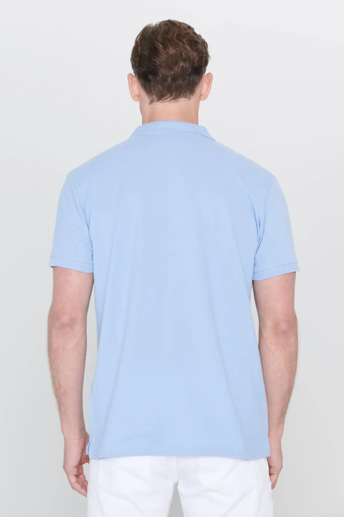 Erkek Açık Mavi %100 Pamuk Kıvrılmaz Pike Polo Yaka Slim Fit Dar Kesim Tişört
