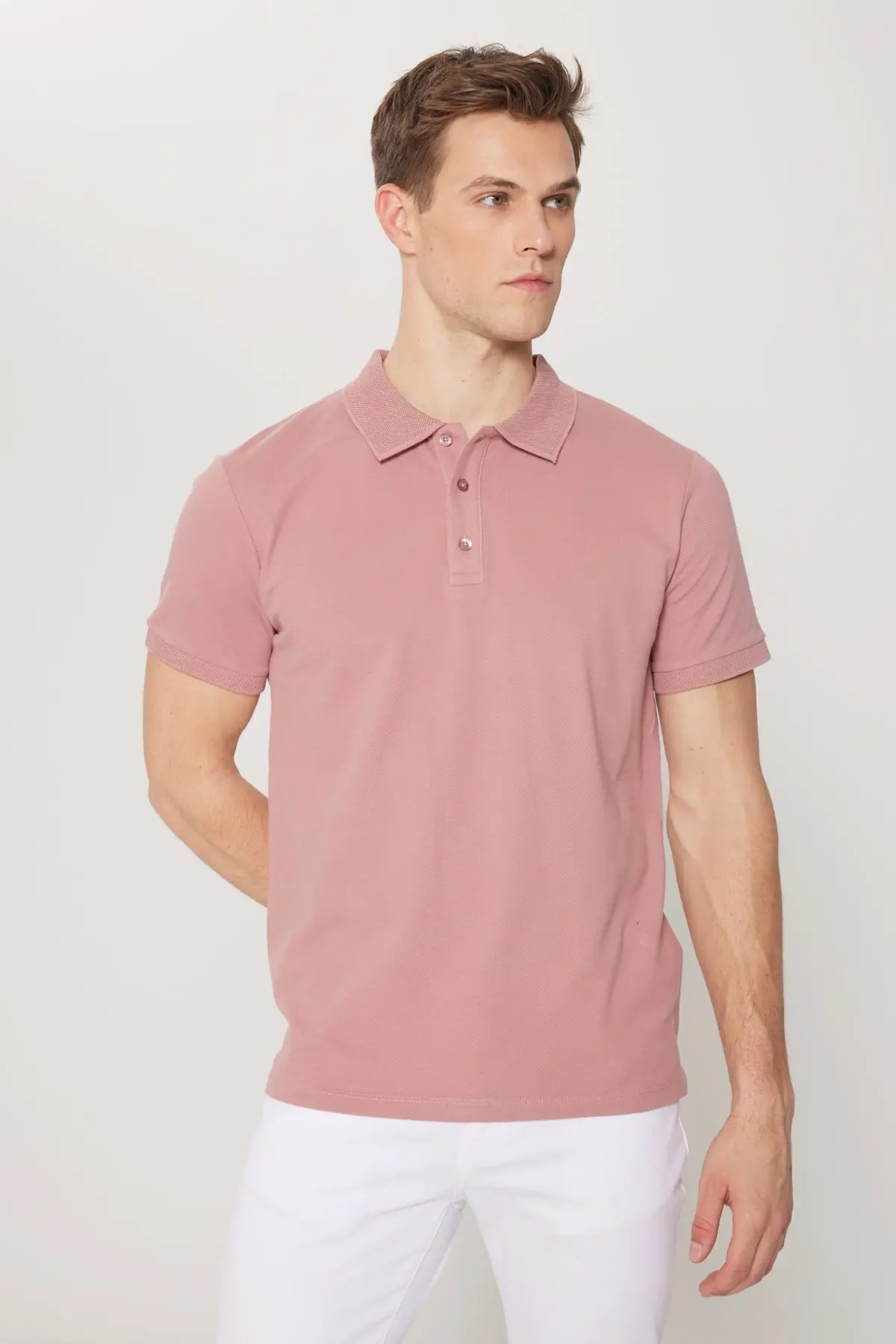 Erkek Gül Kurusu %100 Pamuk Kıvrılmaz Pike Polo Yaka Slim Fit Dar Kesim Tişört