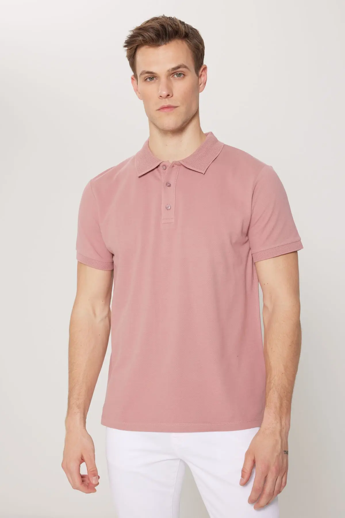 Erkek Gül Kurusu %100 Pamuk Kıvrılmaz Pike Polo Yaka Slim Fit Dar Kesim Tişört